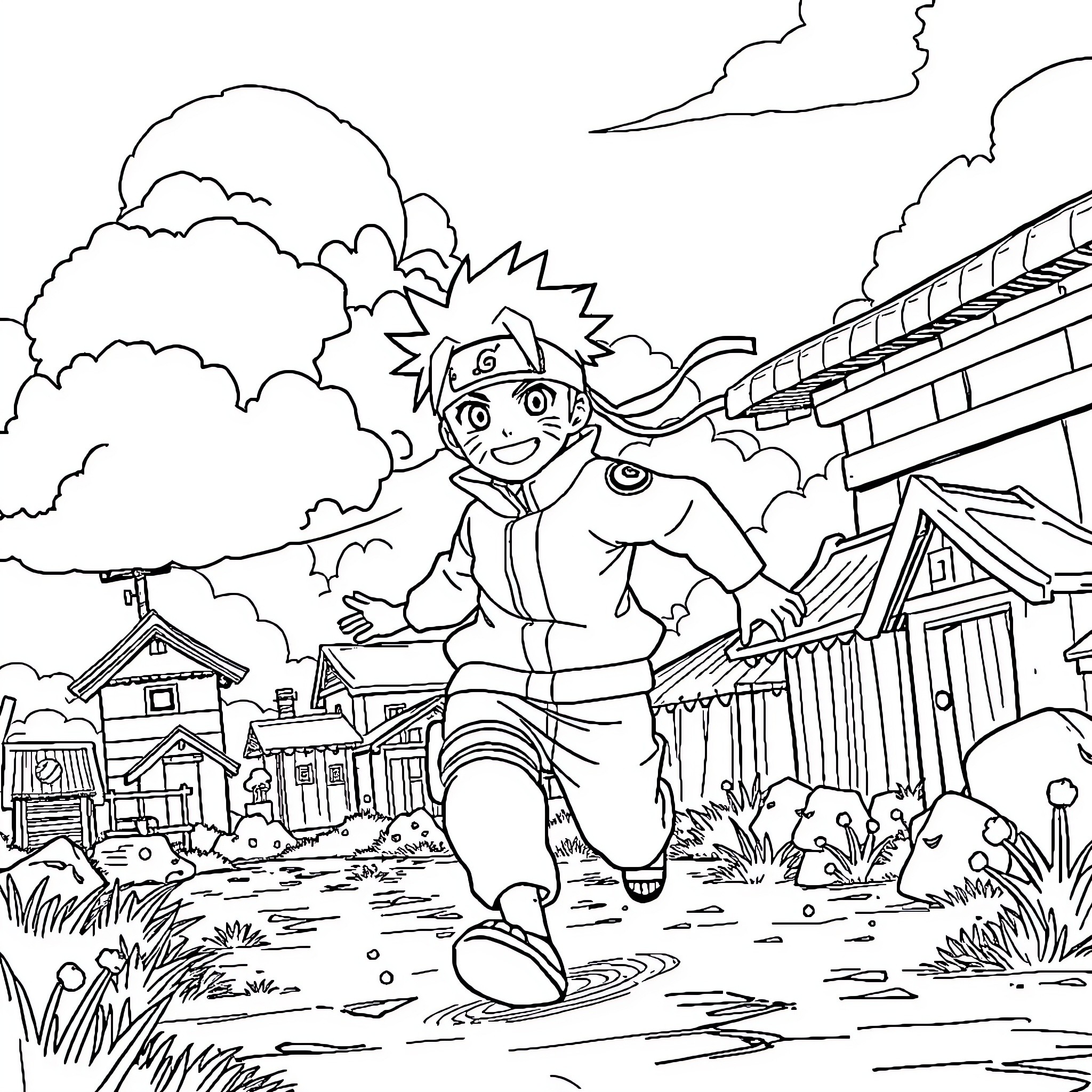 Naruto Running Excitedly Through Village Coloring Page (free black-and-white line drawing printable PDF for all, from beginners to advanced learners, including children, teens, adults, and seniors)