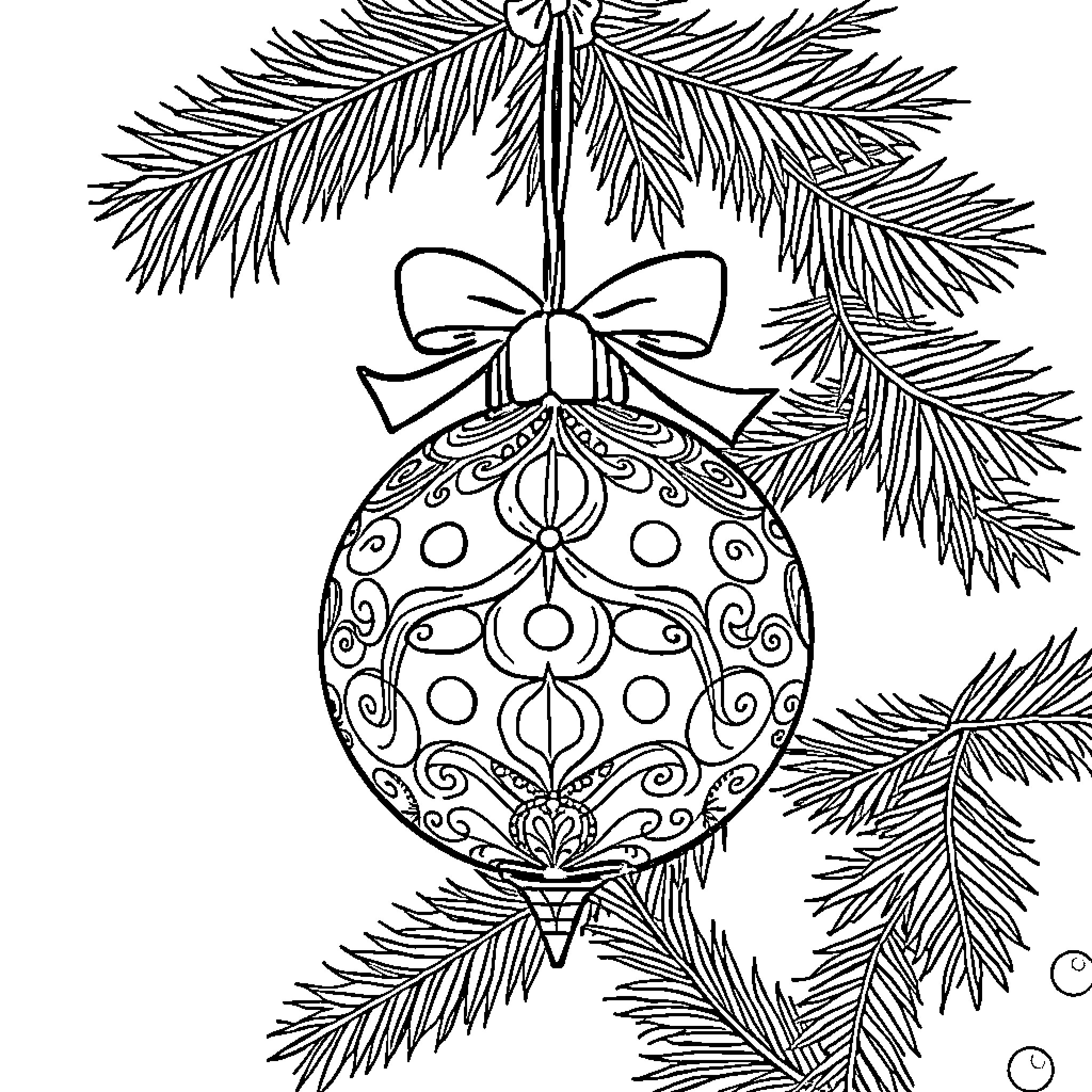 Christmas Tree Ornament with Decorative Patterns Coloring Page (free black-and-white line drawing printable PDF for all, from beginners to advanced learners, including children, teens, adults, and seniors)