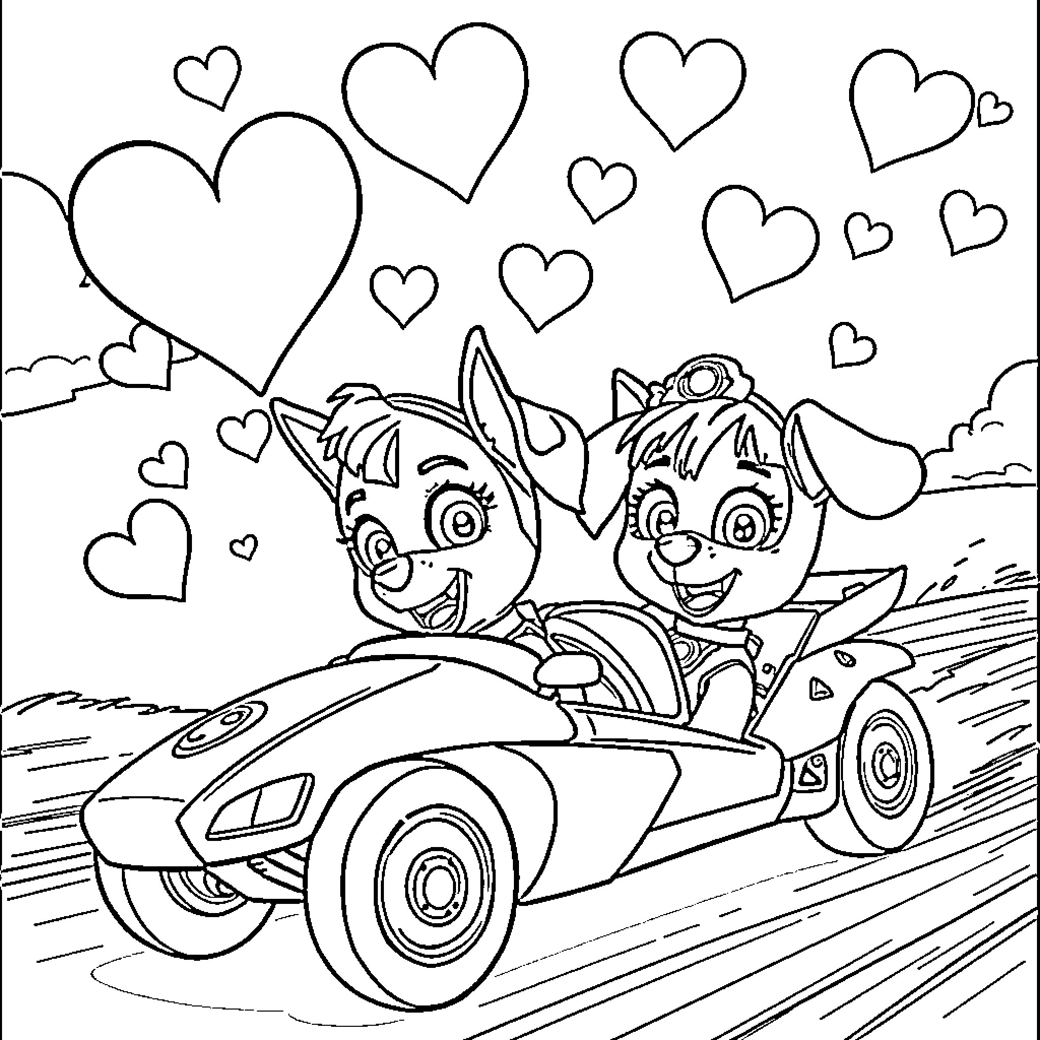 Paw Patrol Pups Driving in Sports Car with Hearts Coloring Page (free black-and-white line drawing printable PDF for all, from beginners to advanced learners, including children, teens, adults, and seniors)