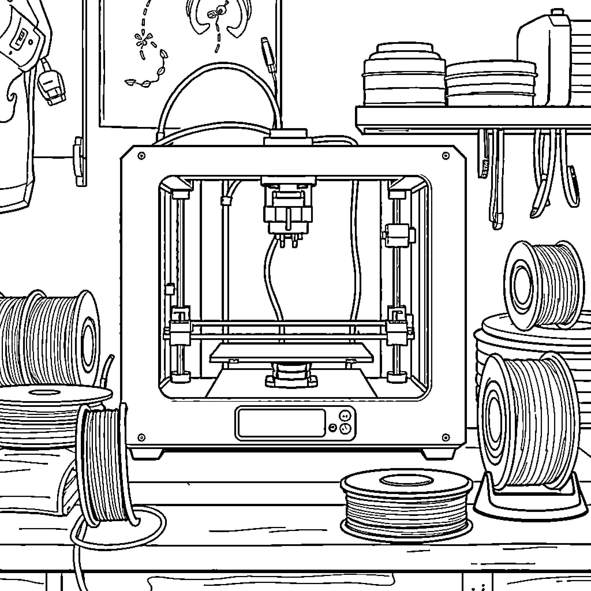 3D Printer at work in workshop Coloring Page (free black-and-white line drawing printable PDF for all, from beginners to advanced learners, including children, teens, adults, and seniors)