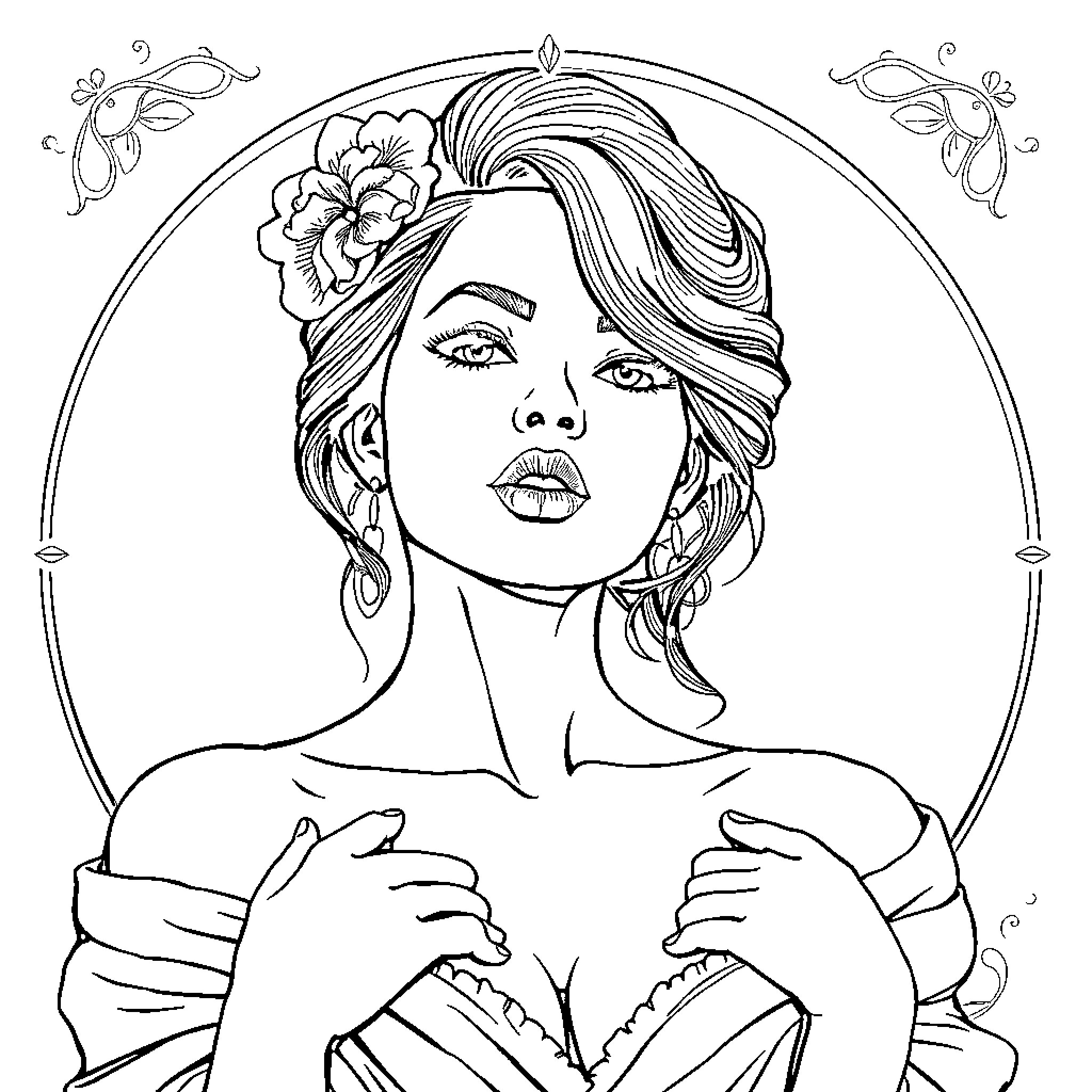Woman with floral hair accessory and detailed expression Coloring Page (free black-and-white line drawing printable PDF for all, from beginners to advanced learners, including children, teens, adults, and seniors)