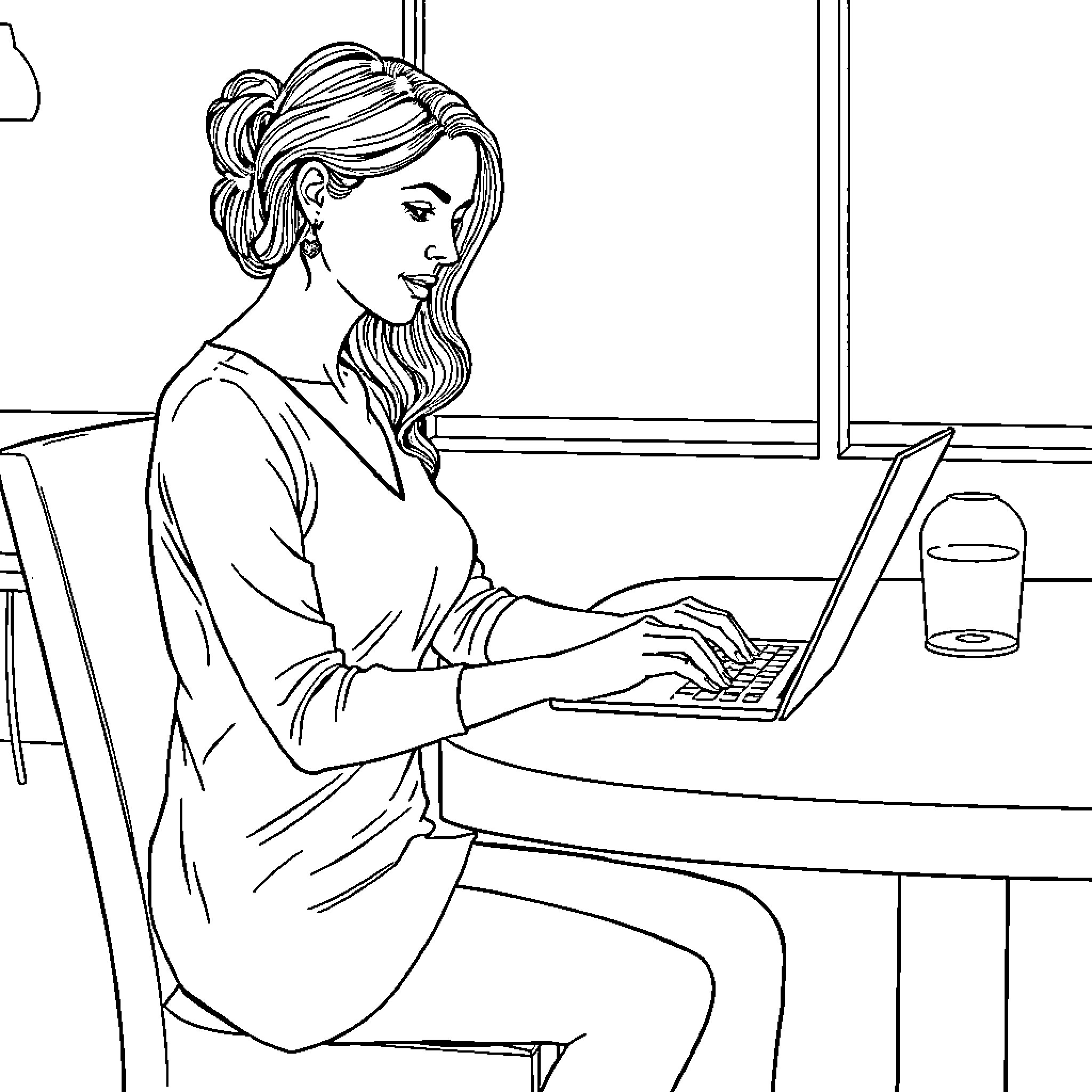 Lady working diligently on laptop in cozy setting Coloring Page (free black-and-white line drawing printable PDF for all, from beginners to advanced learners, including children, teens, adults, and seniors)