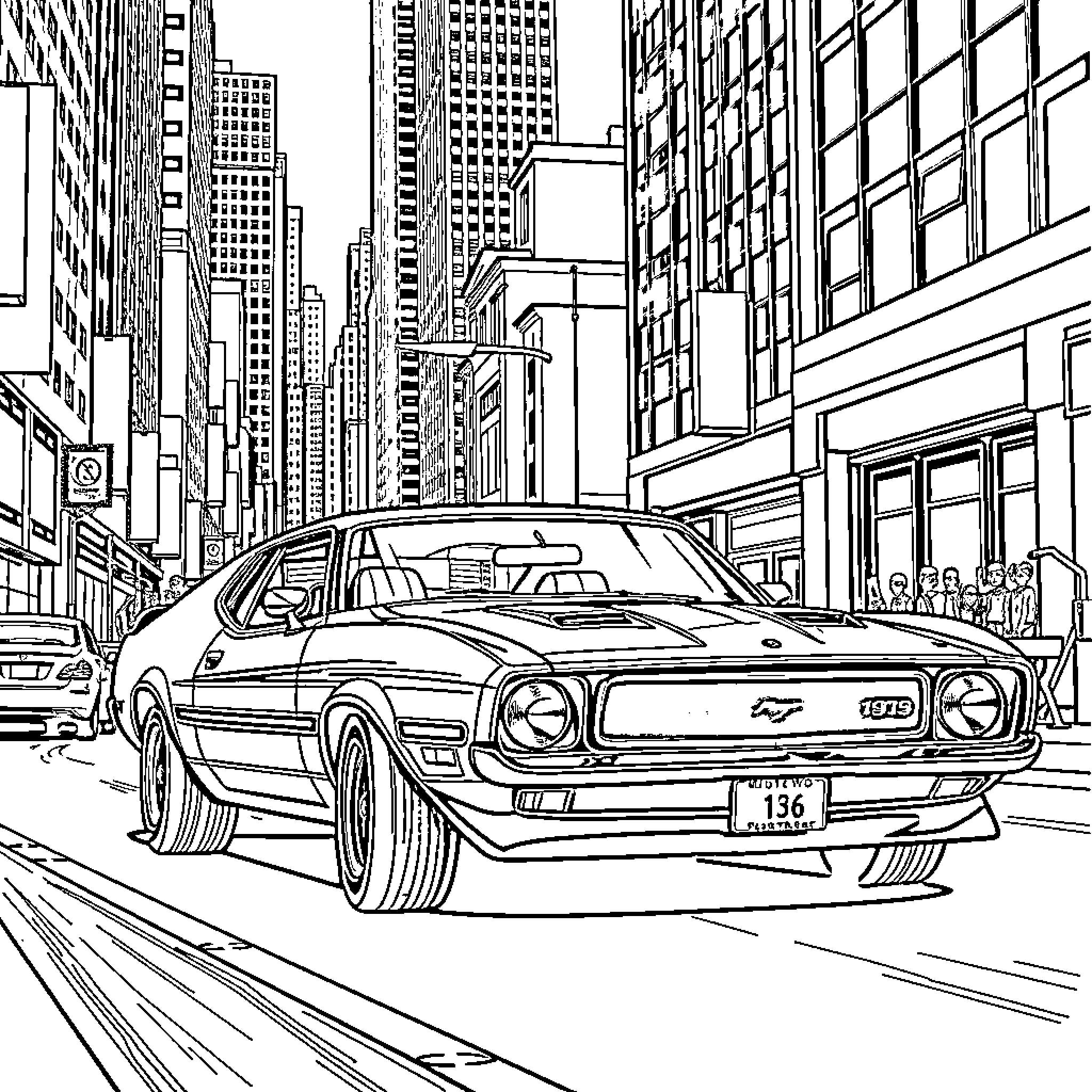 Mustang speeding through busy urban streets Coloring Page (free black-and-white line drawing printable PDF for all, from beginners to advanced learners, including children, teens, adults, and seniors)