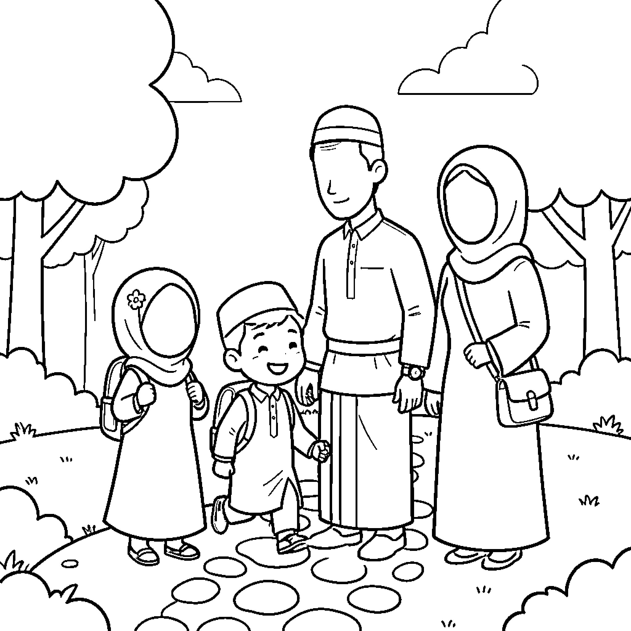 Aafia family walking together happily in a park Coloring Page (free black-and-white line drawing printable PDF for all, from beginners to advanced learners, including children, teens, adults, and seniors)