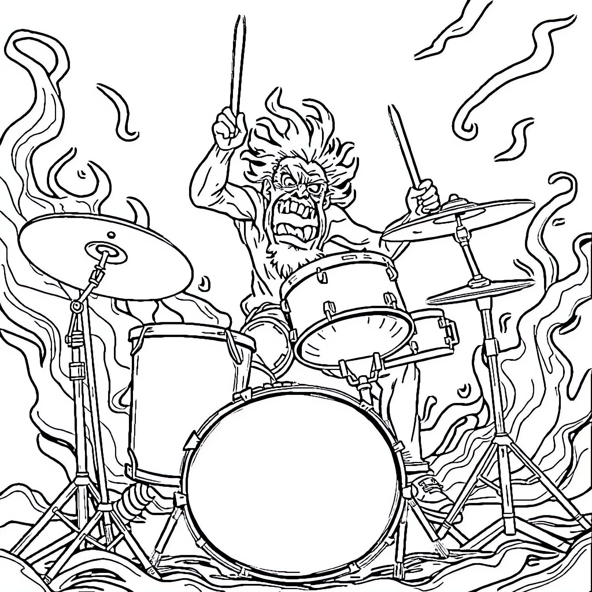 Drum Demon Drummer Rocking Out Passionately Coloring Page (free black-and-white line drawing printable PDF for all, from beginners to advanced learners, including children, teens, adults, and seniors)