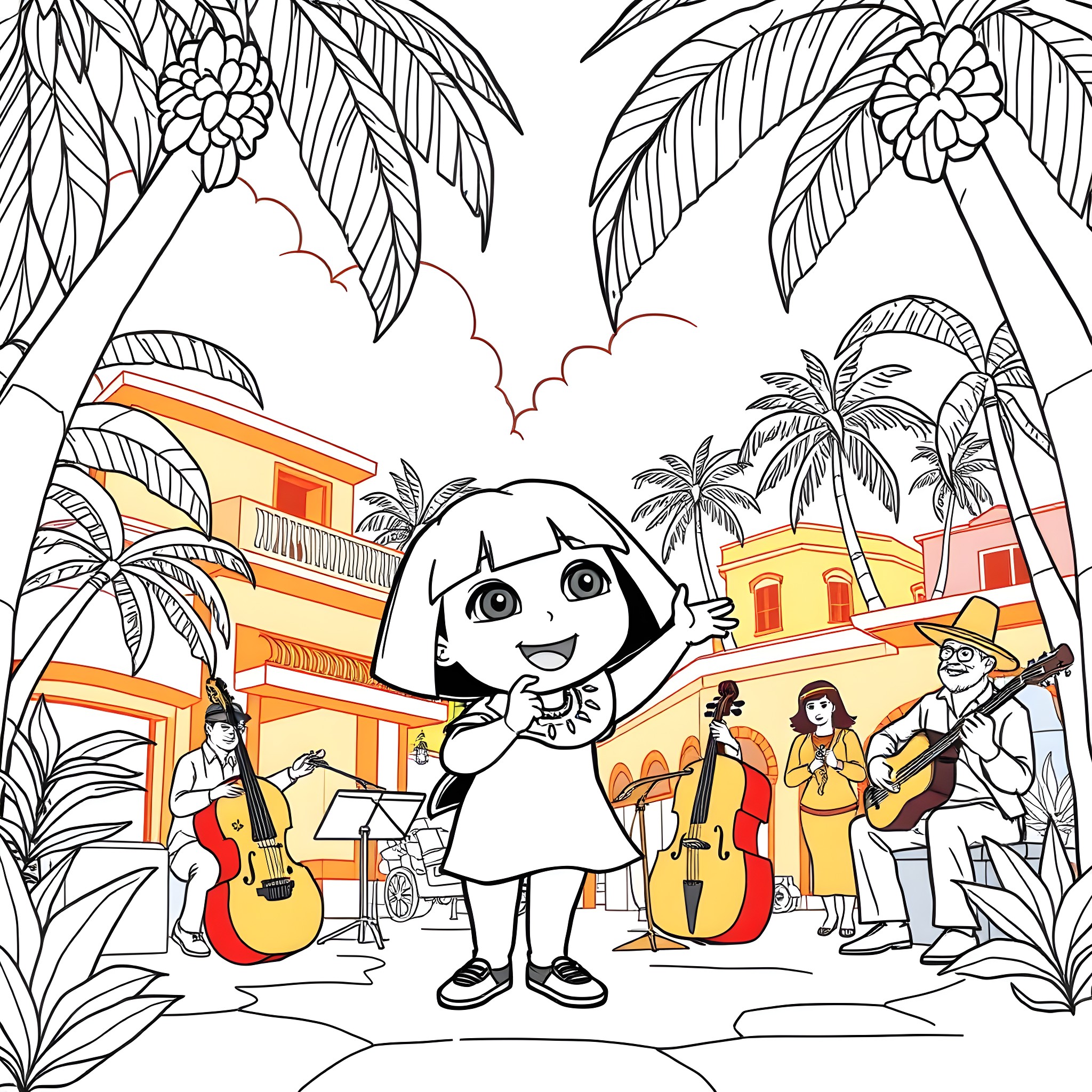 Dora explores a vibrant tropical scene with musicians Coloring Page (free black-and-white line drawing printable PDF for all, from beginners to advanced learners, including children, teens, adults, and seniors)