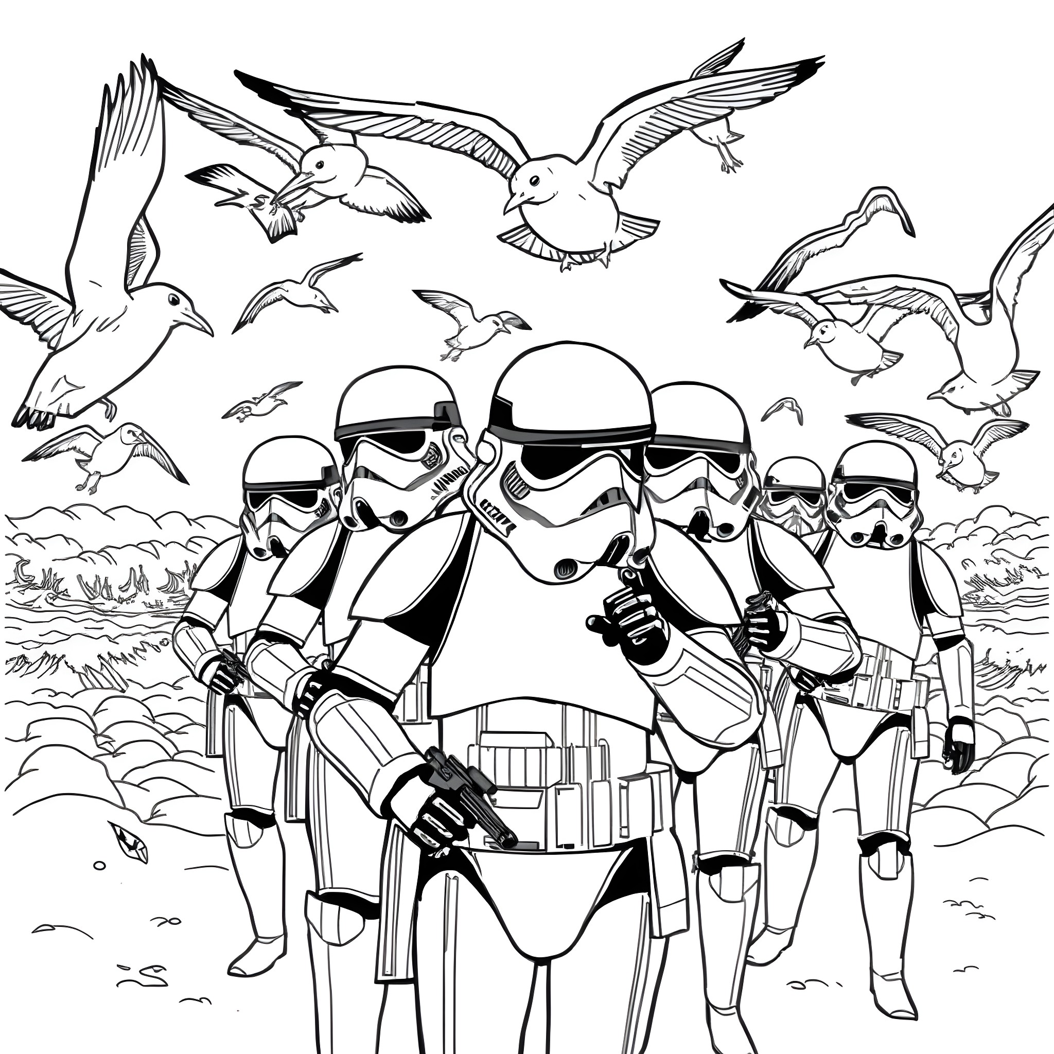 Stormtroopers patrolling the grassy terrain Coloring Page (free black-and-white line drawing printable PDF for all, from beginners to advanced learners, including children, teens, adults, and seniors)