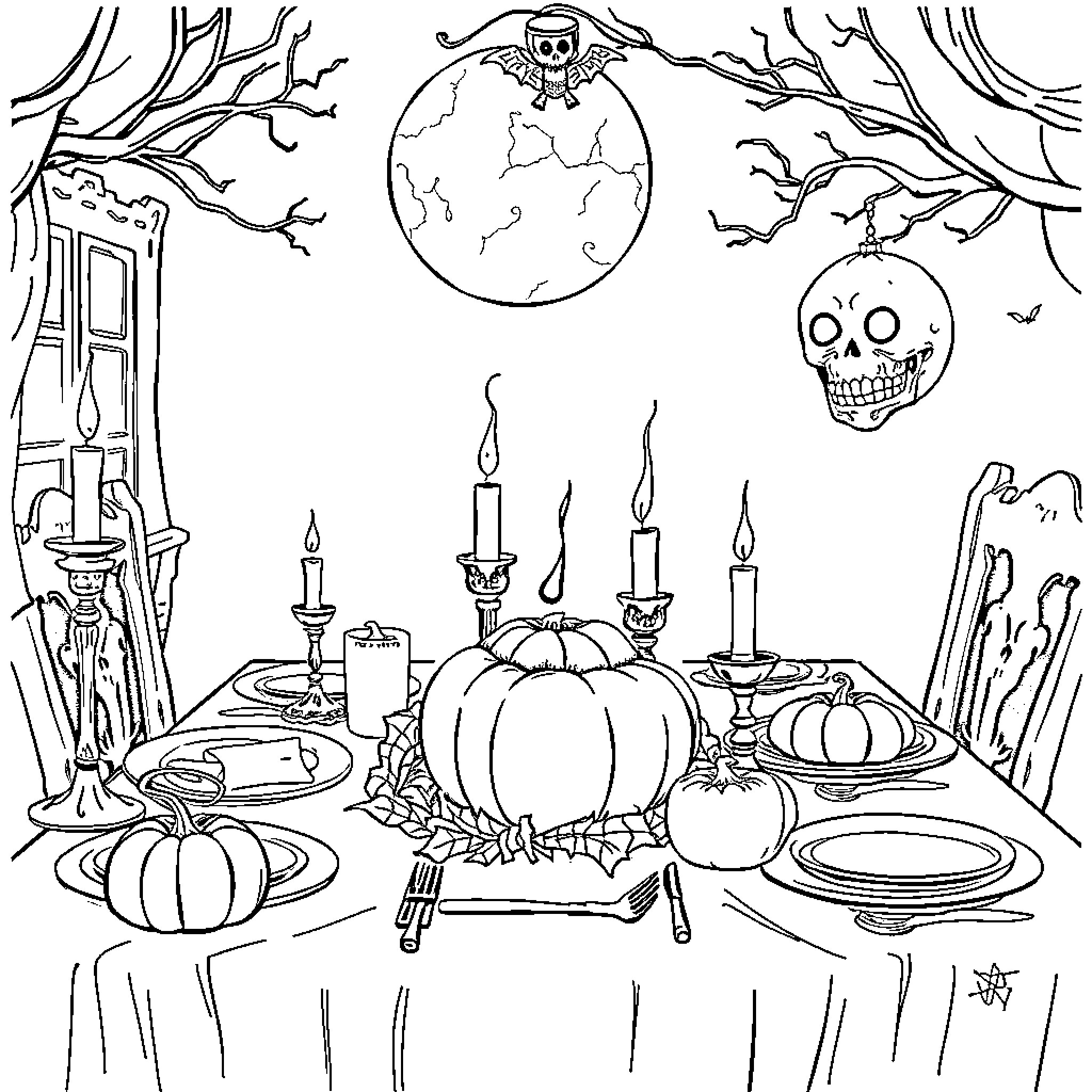 Thanksgiving Feast Amid Spooky Decor Coloring Page (free black-and-white line drawing printable PDF for all, from beginners to advanced learners, including children, teens, adults, and seniors)