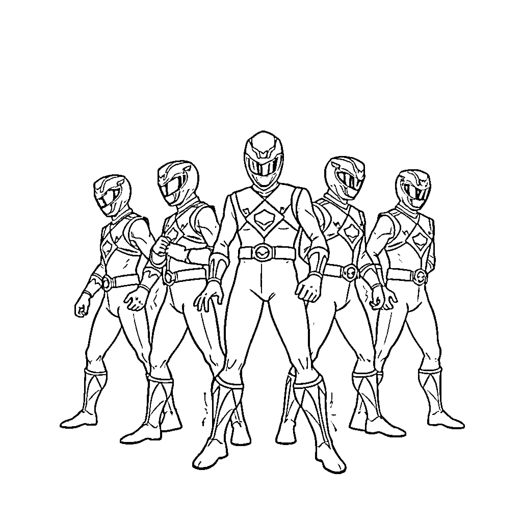 Power Rangers Posing in Uniform Coloring Page (free black-and-white line drawing printable PDF for all, from beginners to advanced learners, including children, teens, adults, and seniors)
