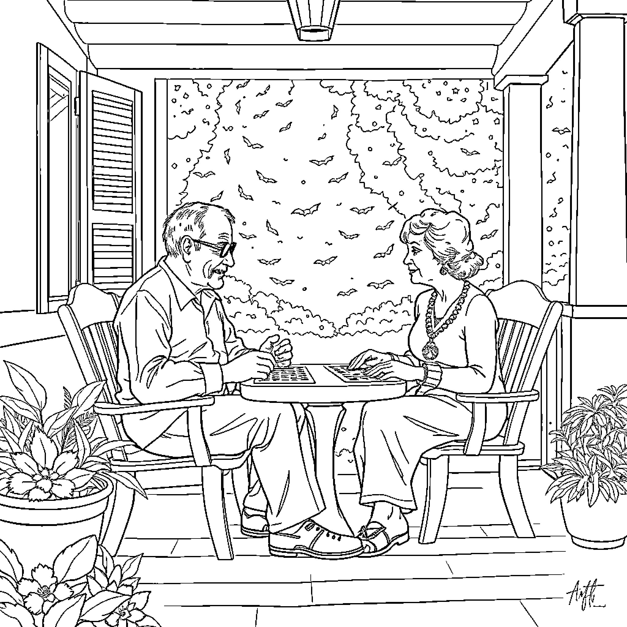 Man and woman conversing on porch Coloring Page (free black-and-white line drawing printable PDF for all, from beginners to advanced learners, including children, teens, adults, and seniors)