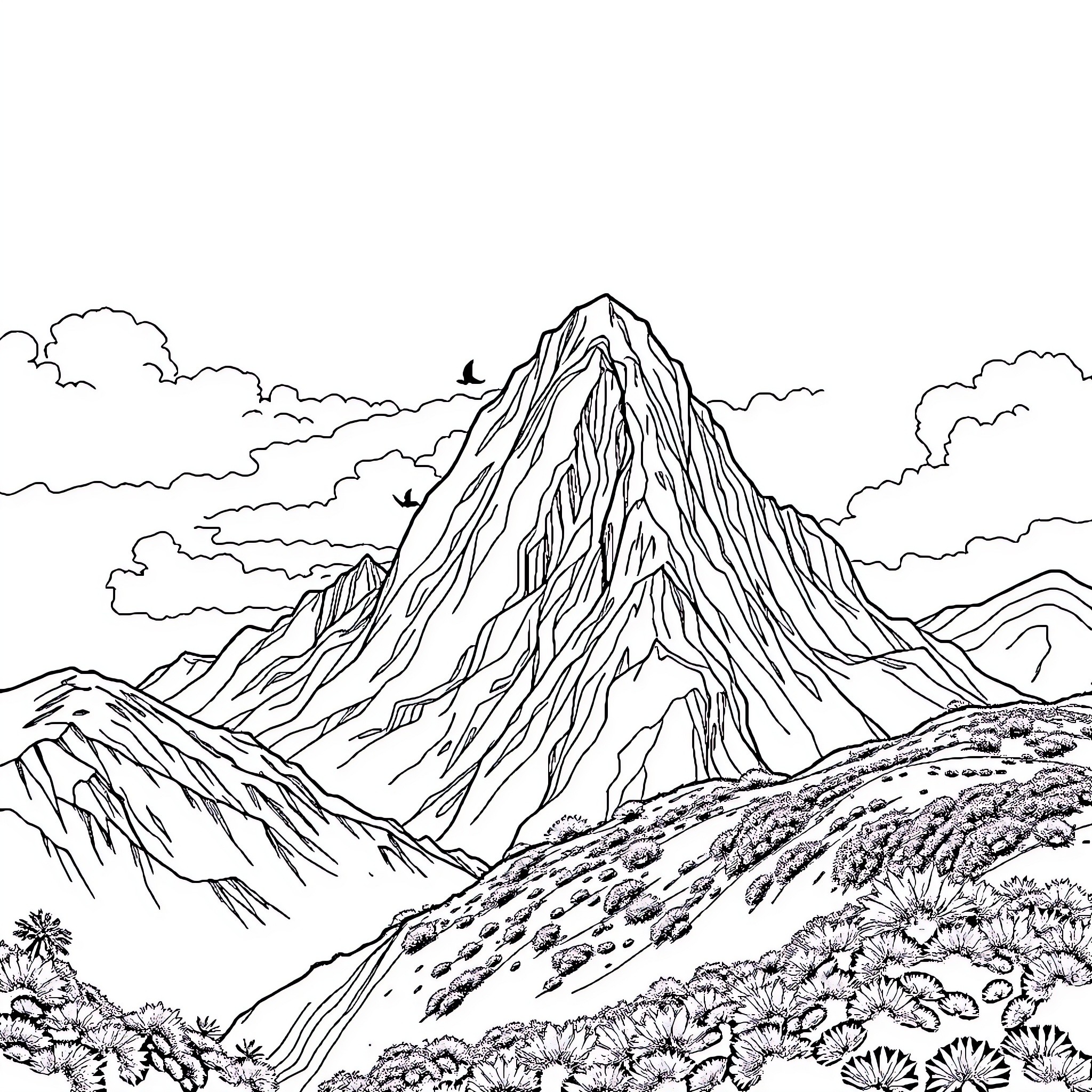 Mountain and Rice Field with Flowers and Clouds Coloring Page (free black-and-white line drawing printable PDF for all, from beginners to advanced learners, including children, teens, adults, and seniors)