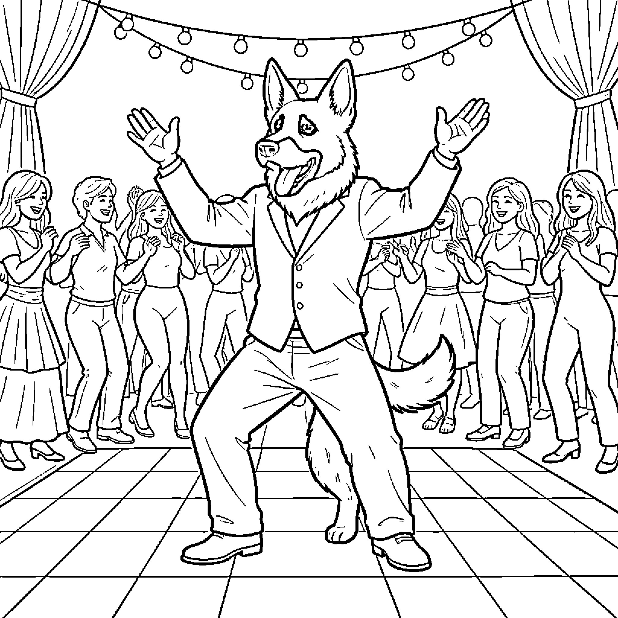 Berger Allemand in a suit dancing at a party Coloring Page (free black-and-white line drawing printable PDF for all, from beginners to advanced learners, including children, teens, adults, and seniors)