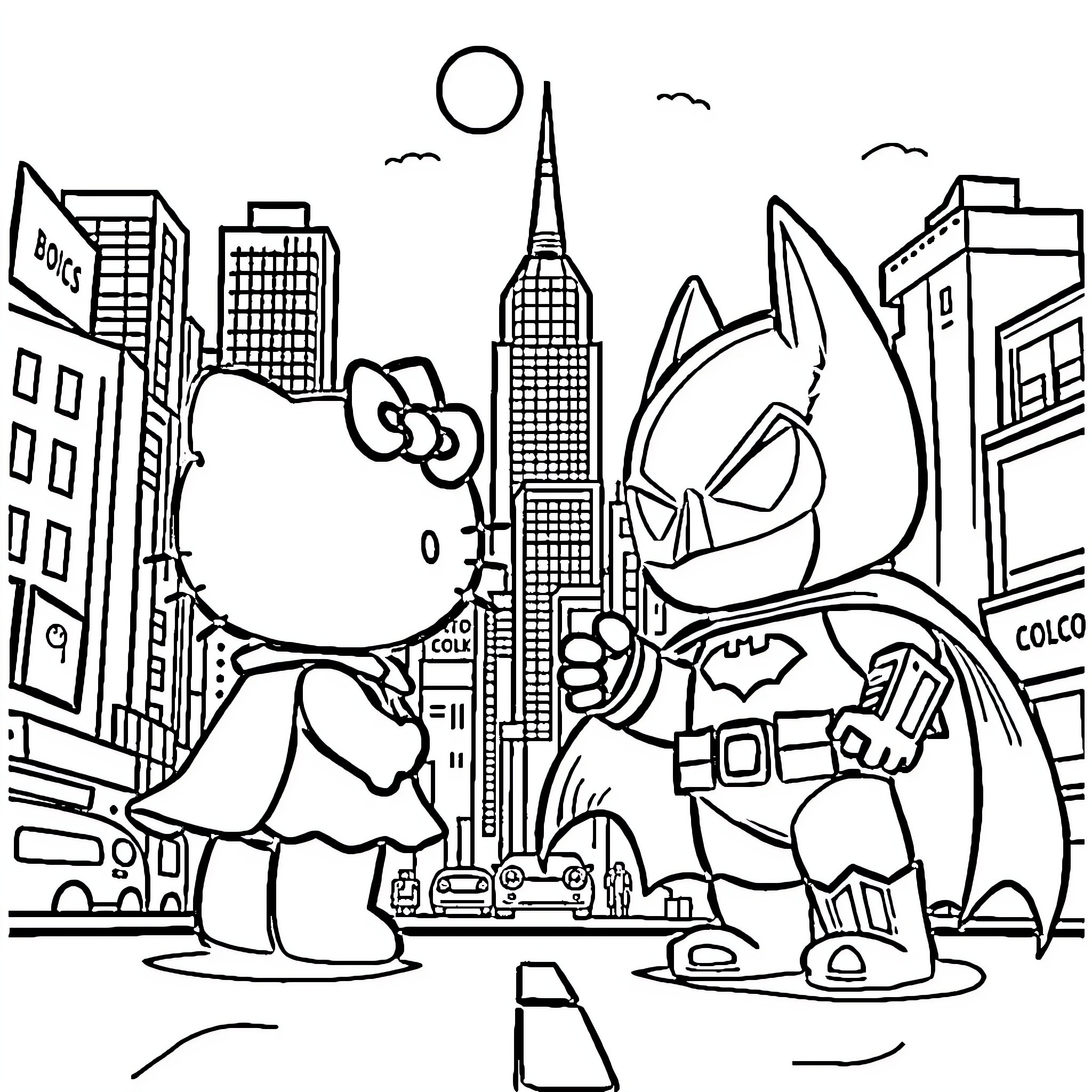 Hello Kitty and Batman explore the city skyline Coloring Page (free black-and-white line drawing printable PDF for all, from beginners to advanced learners, including children, teens, adults, and seniors)
