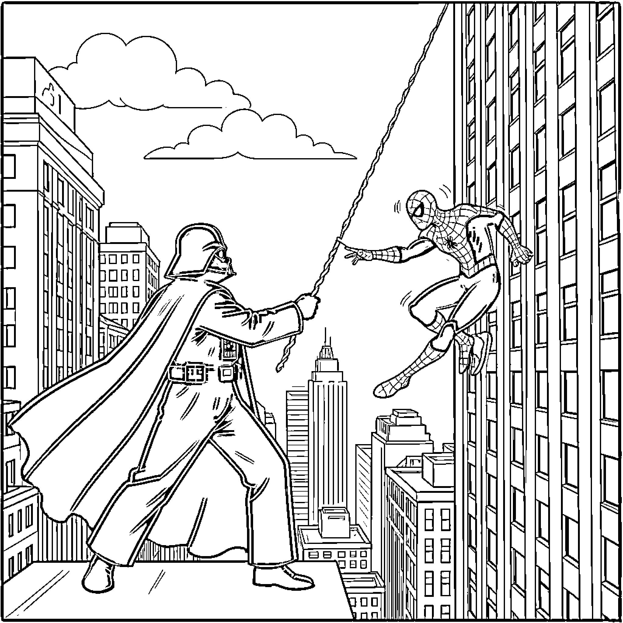 Darth Vader facing Spider-Man amidst tall city buildings Coloring Page (free black-and-white line drawing printable PDF for all, from beginners to advanced learners, including children, teens, adults, and seniors)