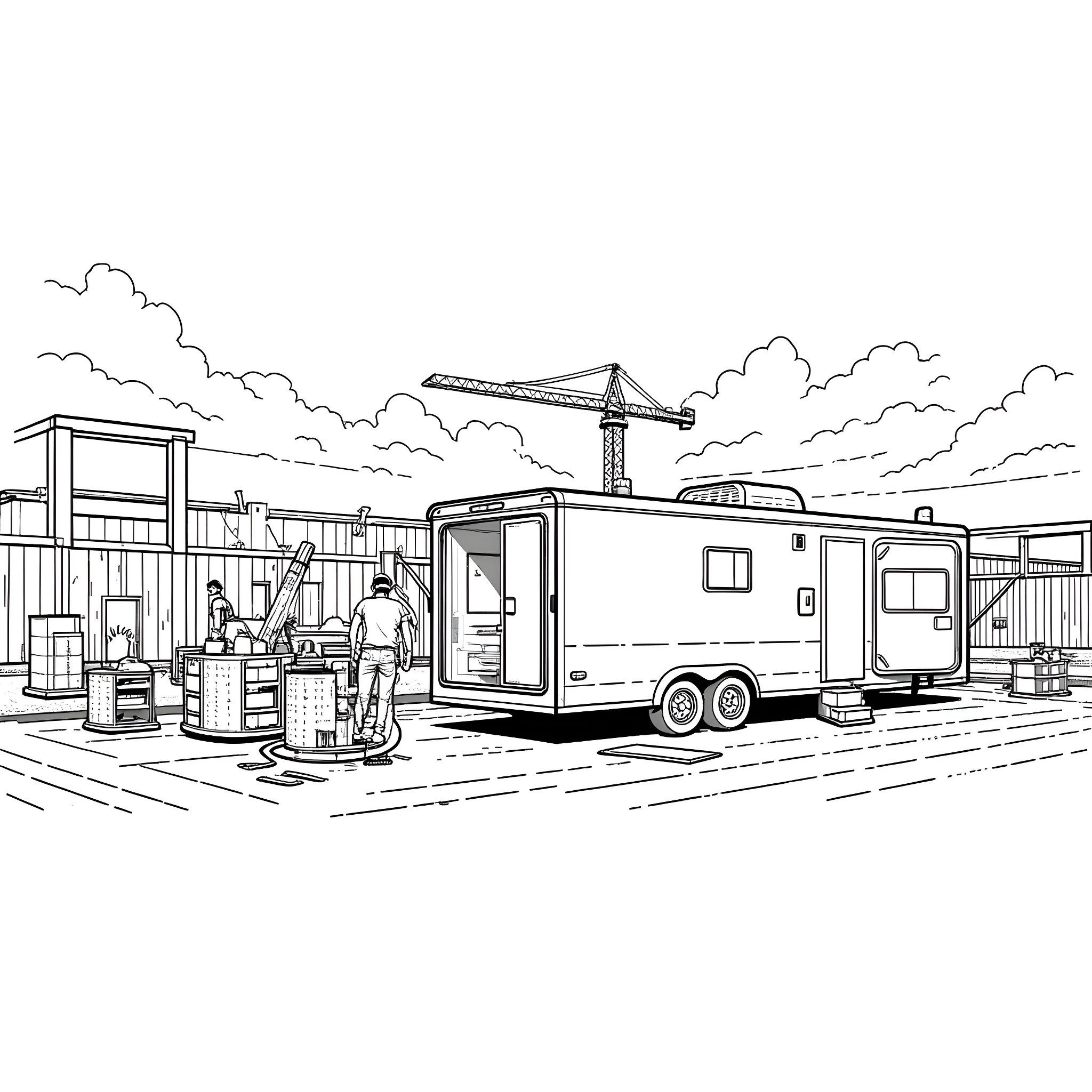 Service Trailer with Workers and Machinery on Site Coloring Page (free black-and-white line drawing printable PDF for all, from beginners to advanced learners, including children, teens, adults, and seniors)