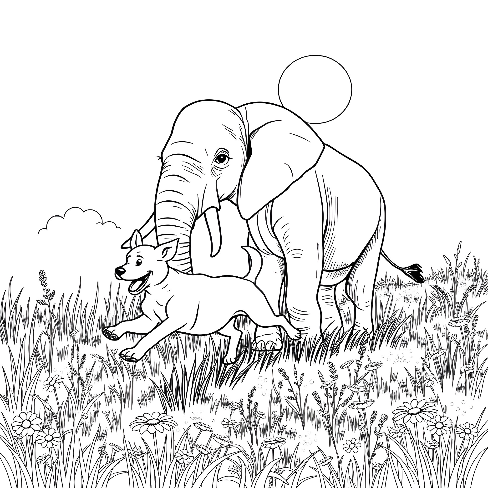 Dog and Elephant Playing in Grassy Field Coloring Page (free black-and-white line drawing printable PDF for all, from beginners to advanced learners, including children, teens, adults, and seniors)