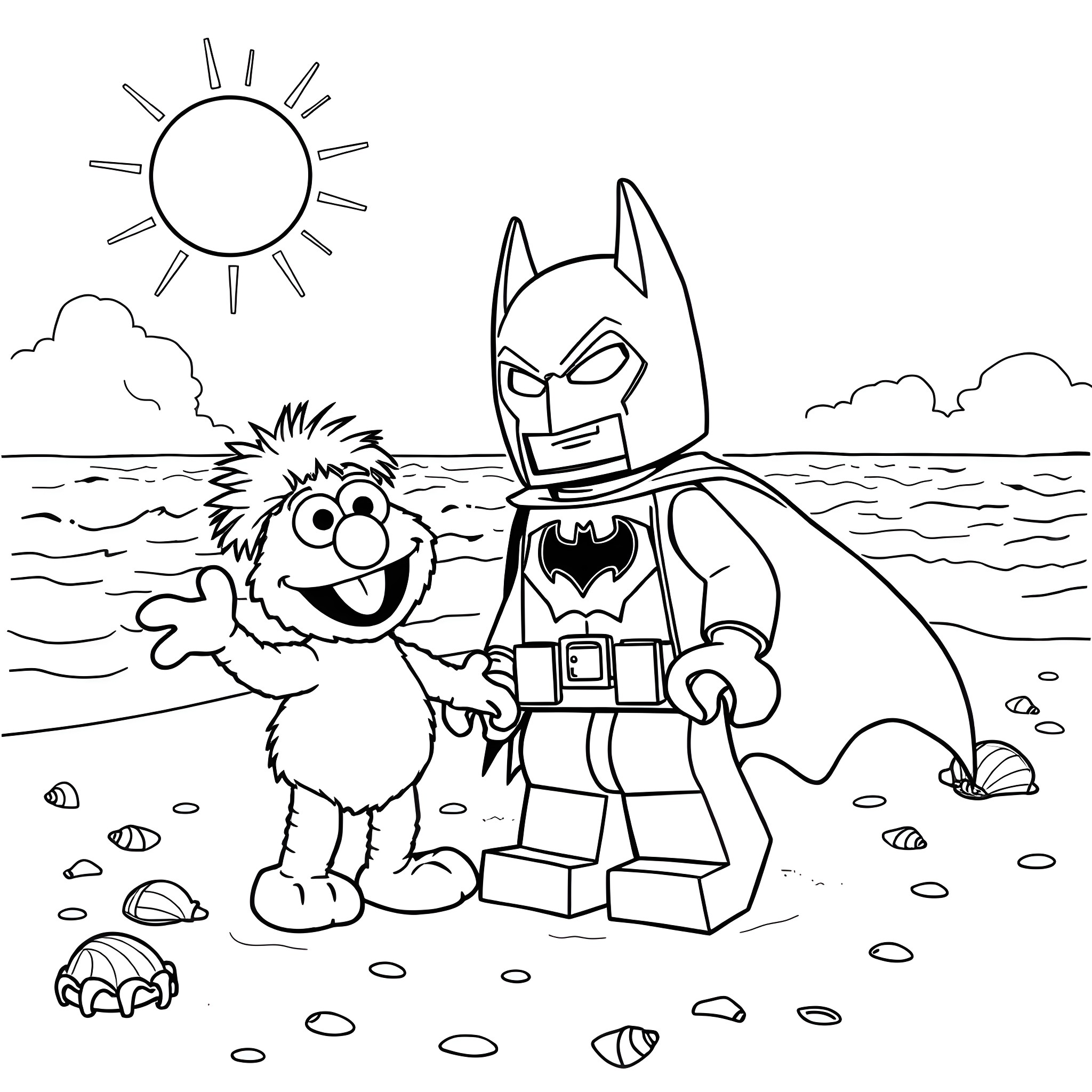 Elmo and Batman Enjoying a Sunny Day at the Beach Coloring Page (free black-and-white line drawing printable PDF for all, from beginners to advanced learners, including children, teens, adults, and seniors)
