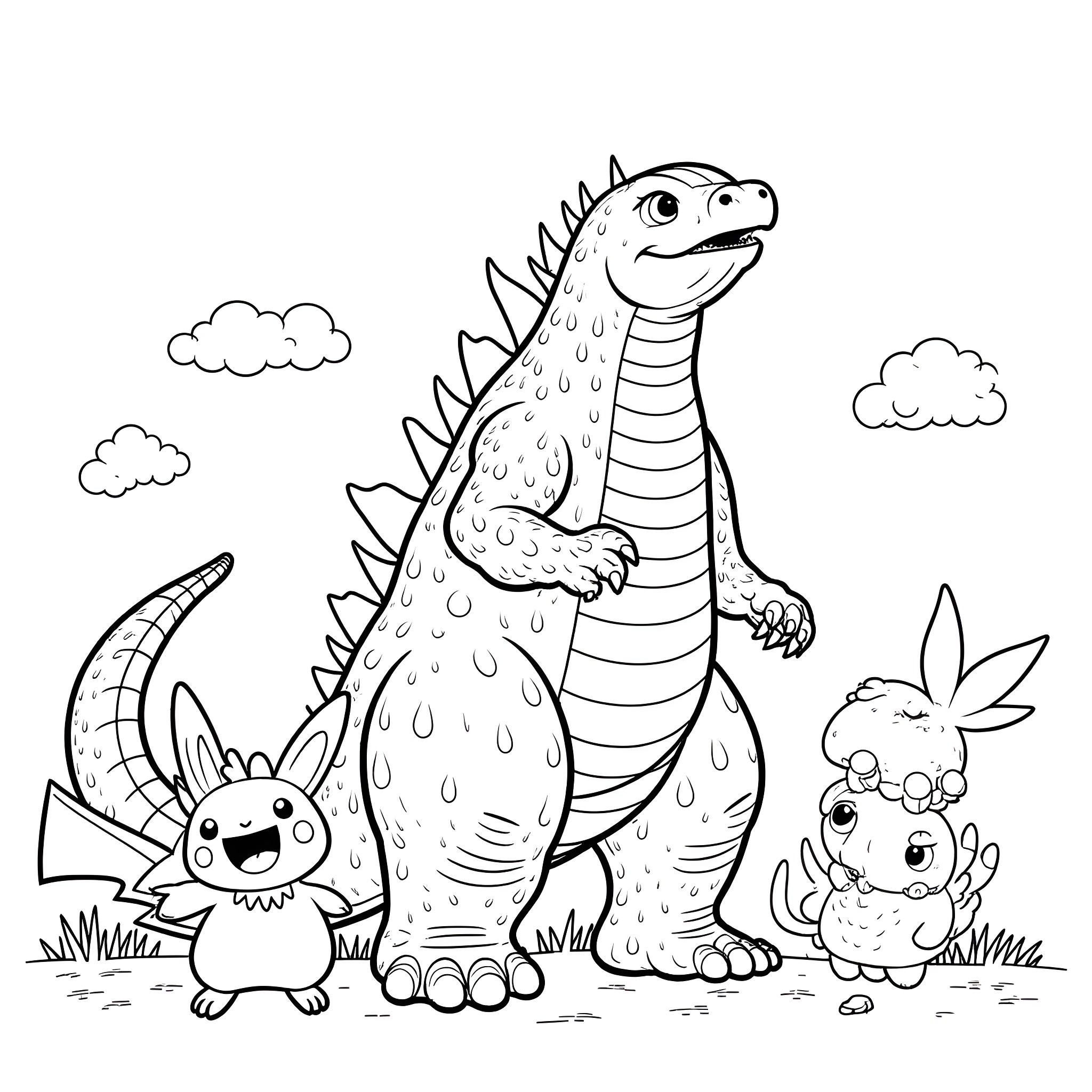 Godzilla and friends in a whimsical scene Coloring Page (free black-and-white line drawing printable PDF for all, from beginners to advanced learners, including children, teens, adults, and seniors)
