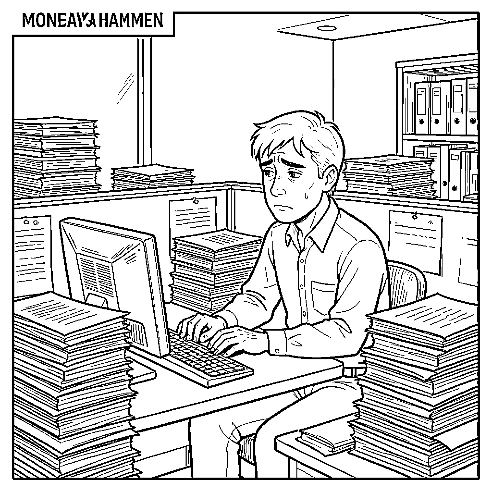 Office Worker feeling overwhelmed by large piles of paperwork Coloring Page (free black-and-white line drawing printable PDF for all, from beginners to advanced learners, including children, teens, adults, and seniors)