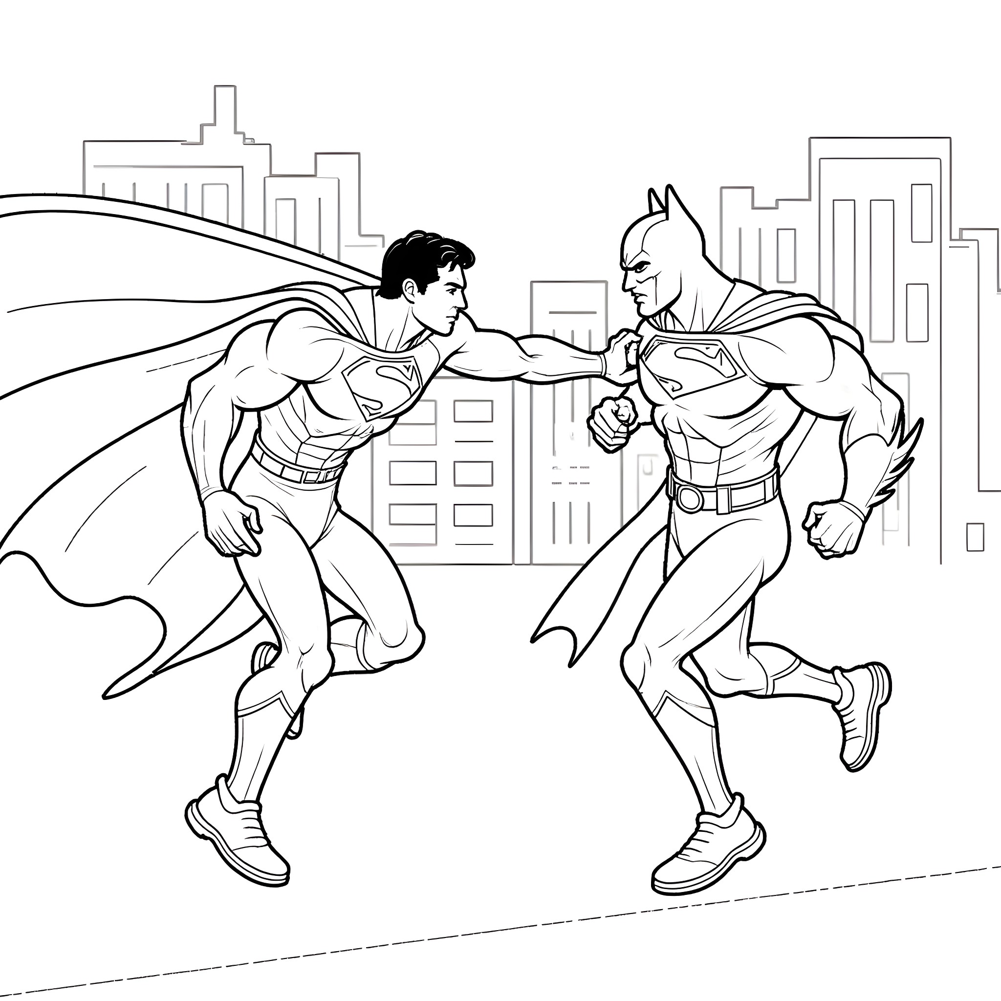 Superman and Batman fighting in the city Coloring Page (free black-and-white line drawing printable PDF for all, from beginners to advanced learners, including children, teens, adults, and seniors)