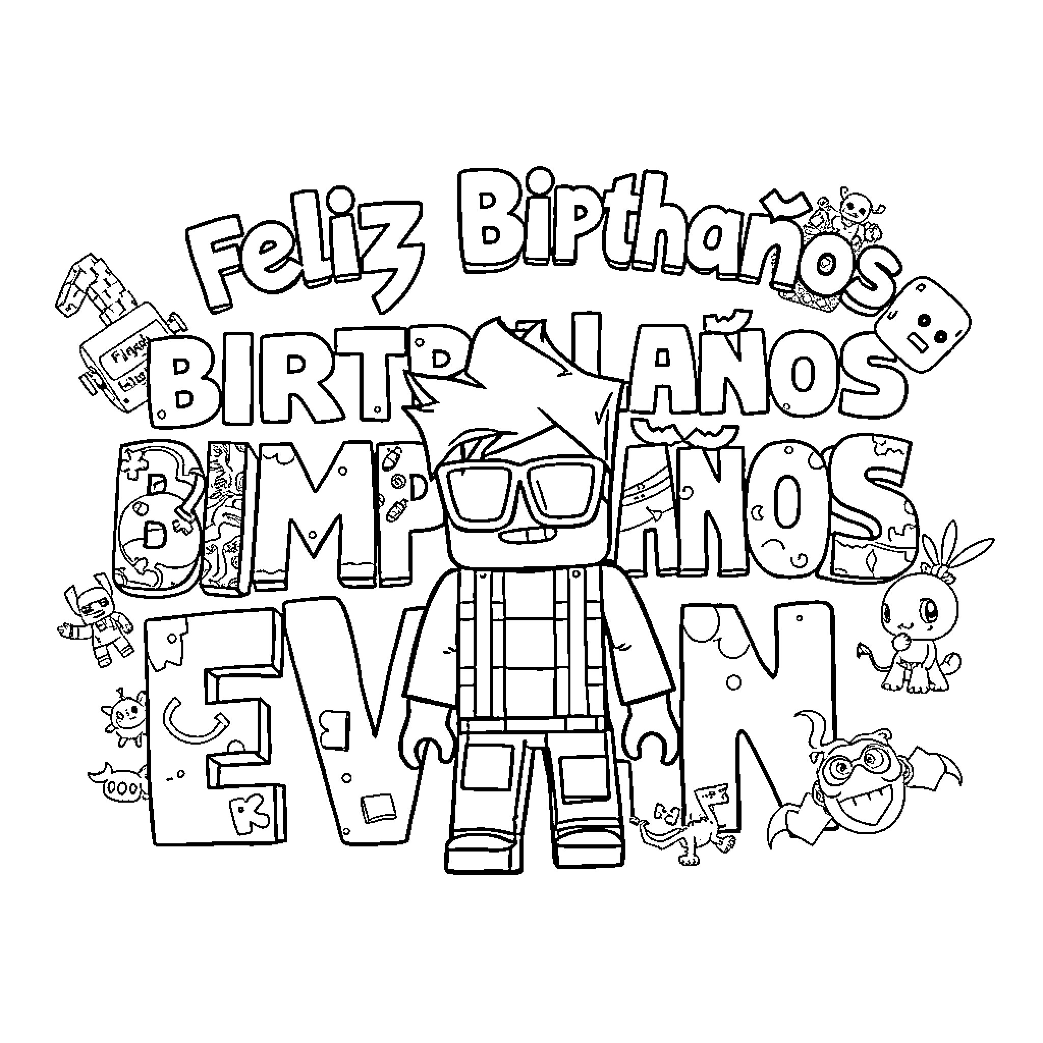 Evan's Festive Birthday Celebration Coloring Page (free black-and-white line drawing printable PDF for all, from beginners to advanced learners, including children, teens, adults, and seniors)