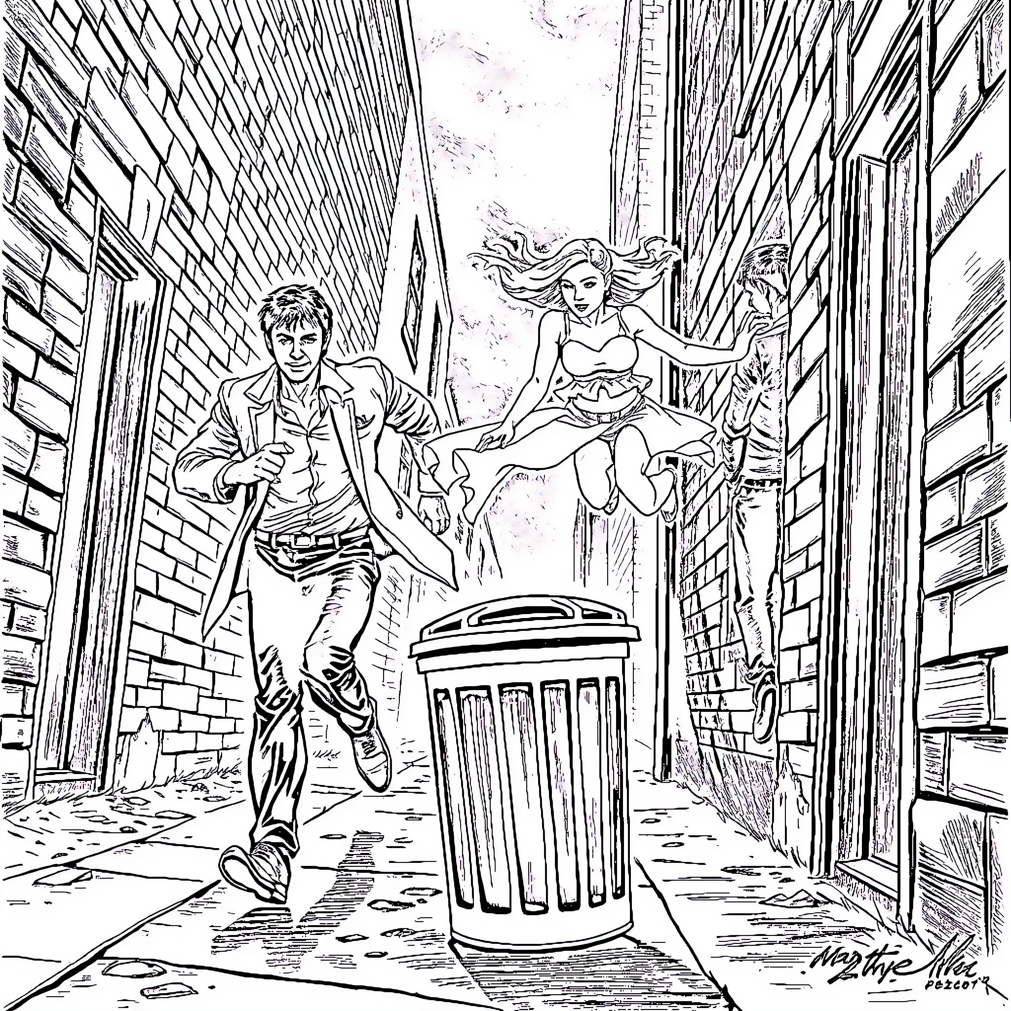 Dean Winchester confronts supernatural forces in the city Coloring Page (free black-and-white line drawing printable PDF for all, from beginners to advanced learners, including children, teens, adults, and seniors)