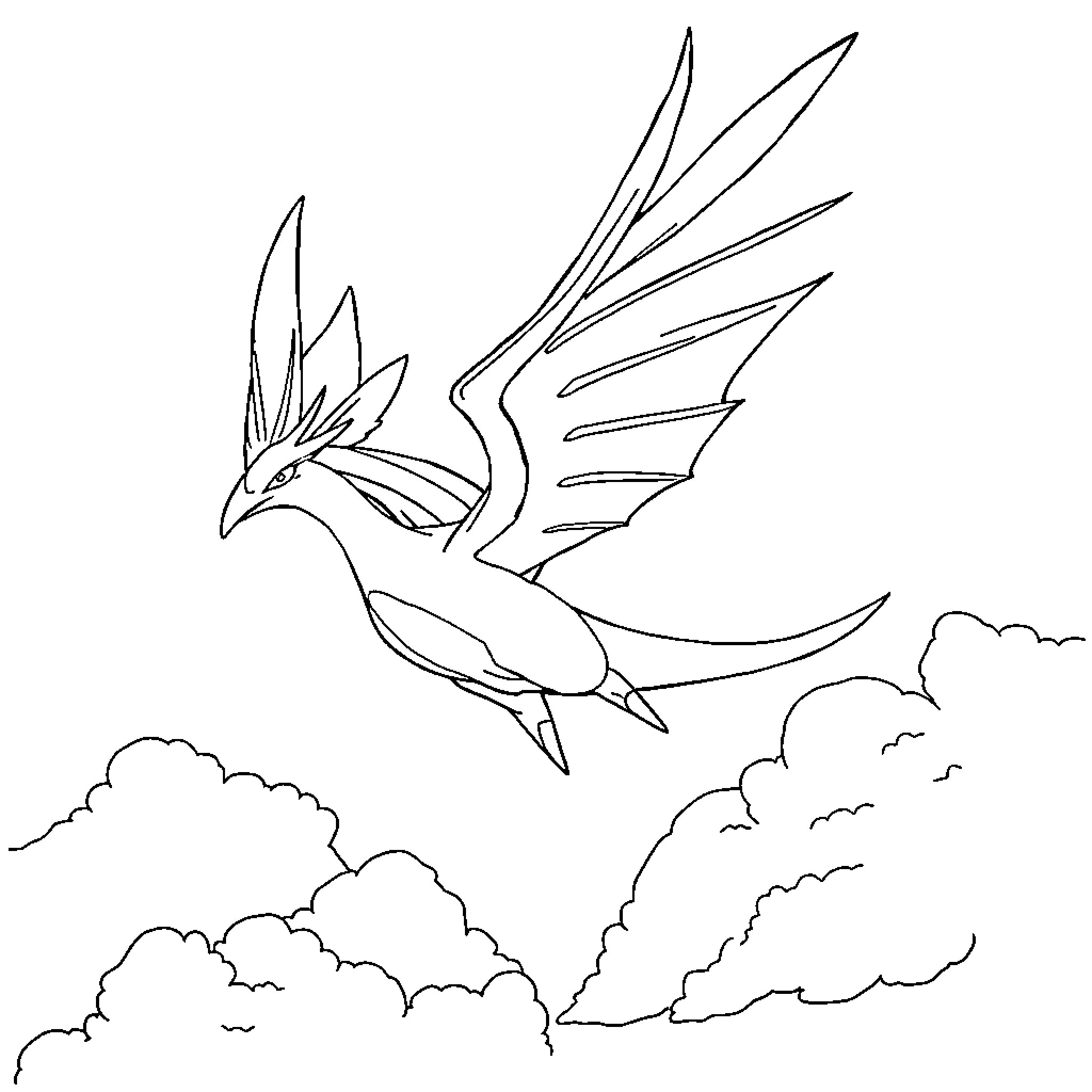 Lugia soaring majestically through the clouds Coloring Page (free black-and-white line drawing printable PDF for all, from beginners to advanced learners, including children, teens, adults, and seniors)