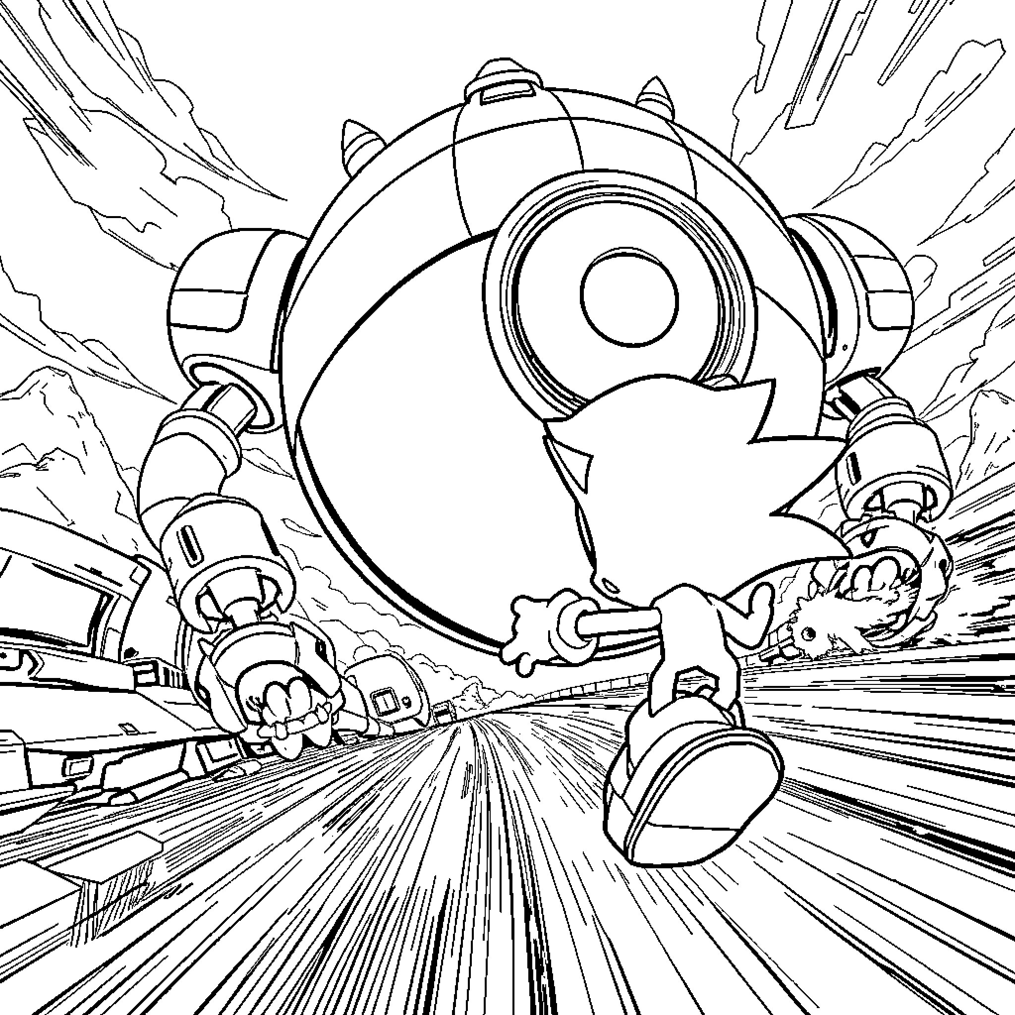 Sonic in high-speed action adventure Coloring Page (free black-and-white line drawing printable PDF for all, from beginners to advanced learners, including children, teens, adults, and seniors)