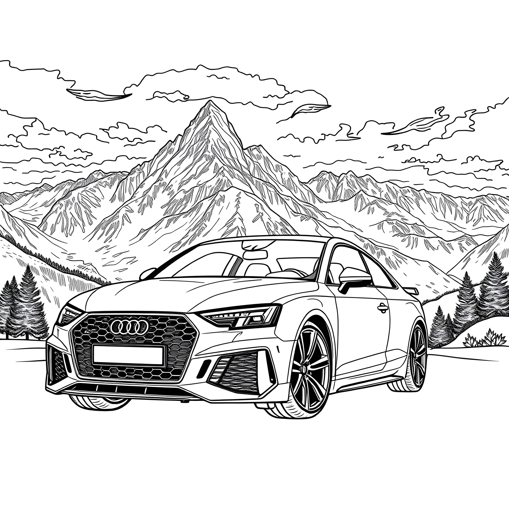 Audi RS4 in scenic mountain landscape Coloring Page (free black-and-white line drawing printable PDF for all, from beginners to advanced learners, including children, teens, adults, and seniors)