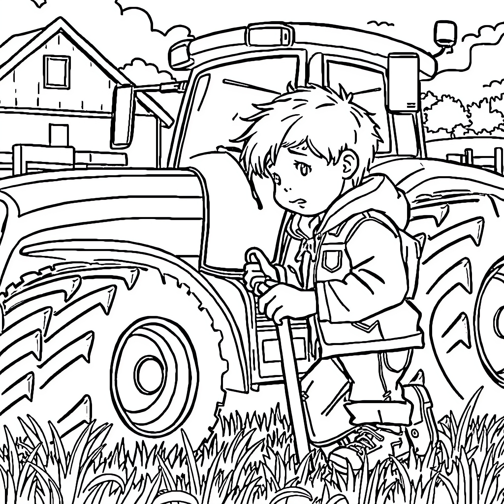 Boy Operating Large Tractor on Farm Coloring Page (free black-and-white line drawing printable PDF for all, from beginners to advanced learners, including children, teens, adults, and seniors)