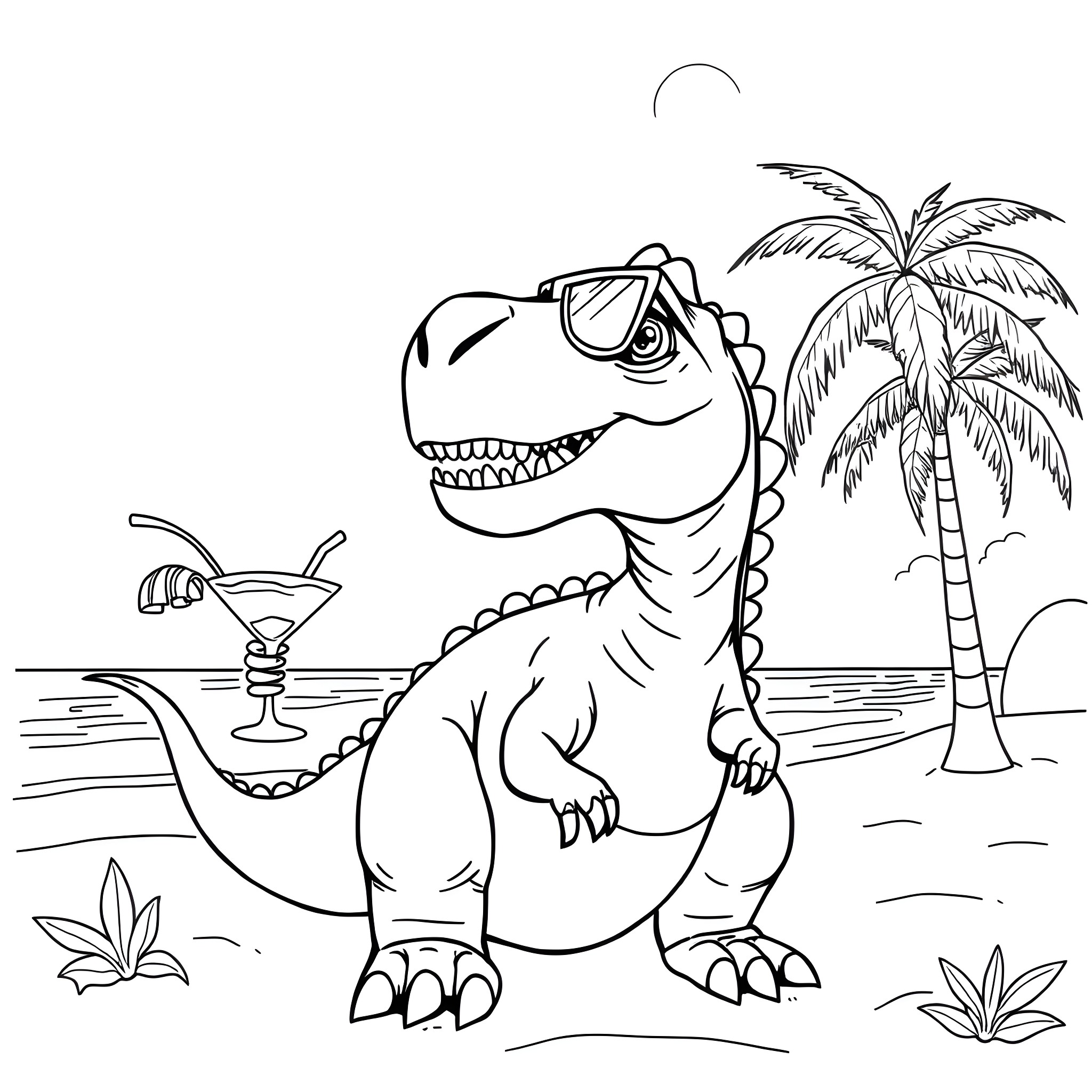 Dinosaur drinking tropical cocktail on beach Coloring Page (free black-and-white line drawing printable PDF for all, from beginners to advanced learners, including children, teens, adults, and seniors)