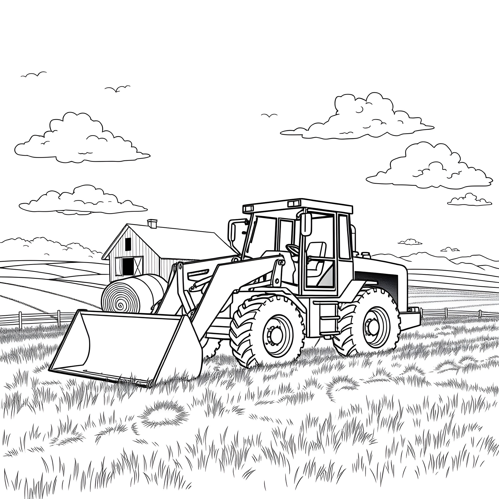 Farm Loader working in the field Coloring Page (free black-and-white line drawing printable PDF for all, from beginners to advanced learners, including children, teens, adults, and seniors)