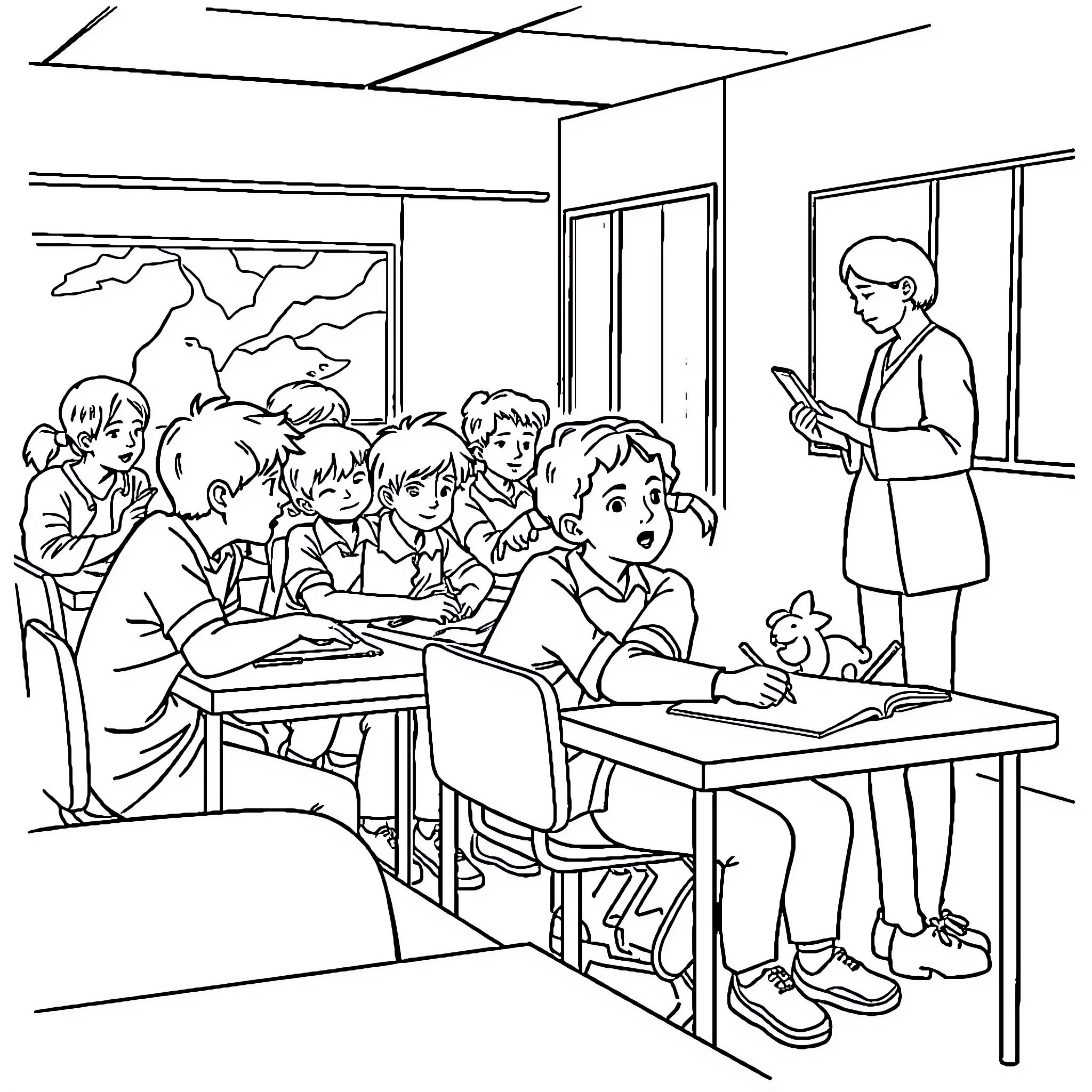 Class of students studying and learning together Coloring Page (free black-and-white line drawing printable PDF for all, from beginners to advanced learners, including children, teens, adults, and seniors)