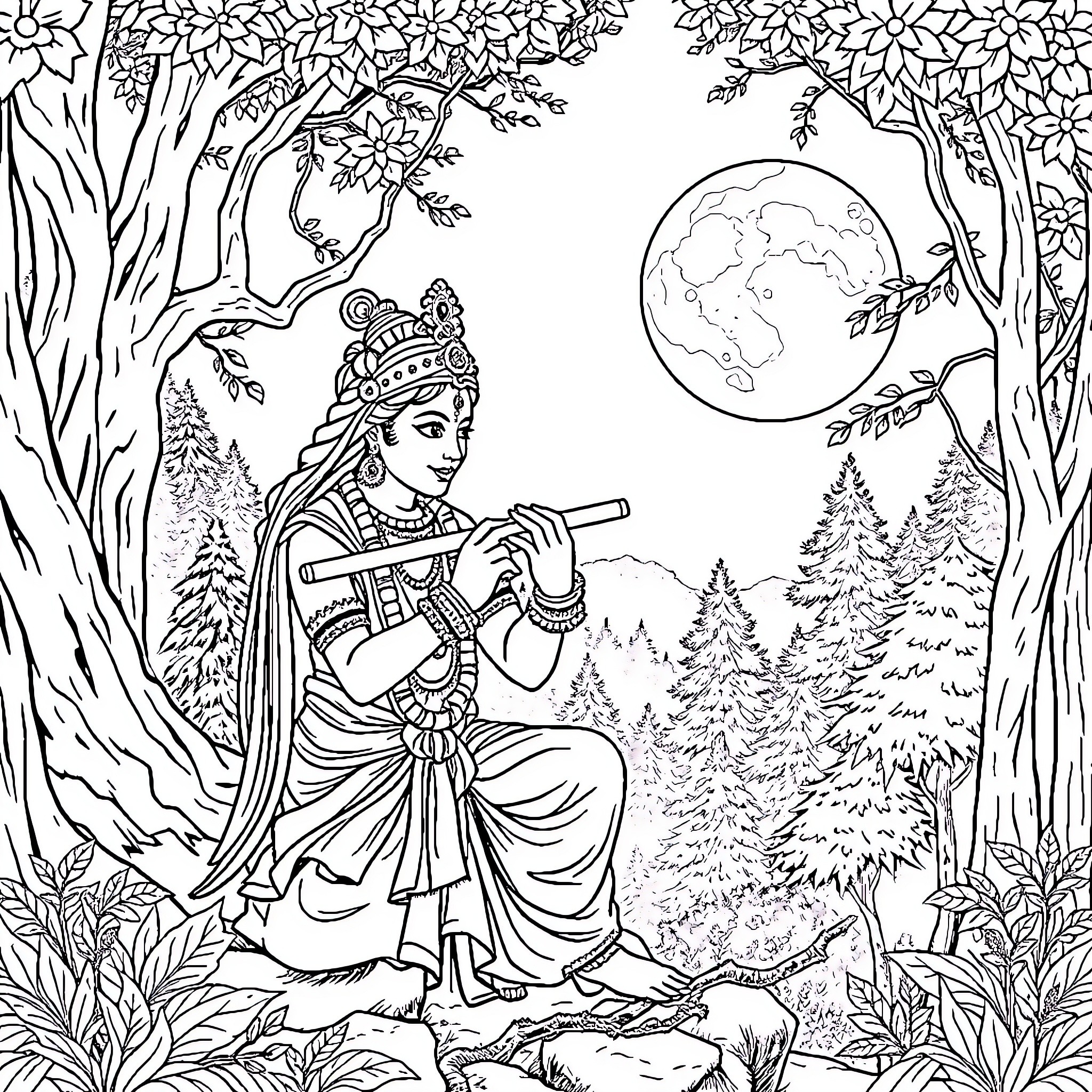Krishna playing the flute in a serene forest Coloring Page (free black-and-white line drawing printable PDF for all, from beginners to advanced learners, including children, teens, adults, and seniors)