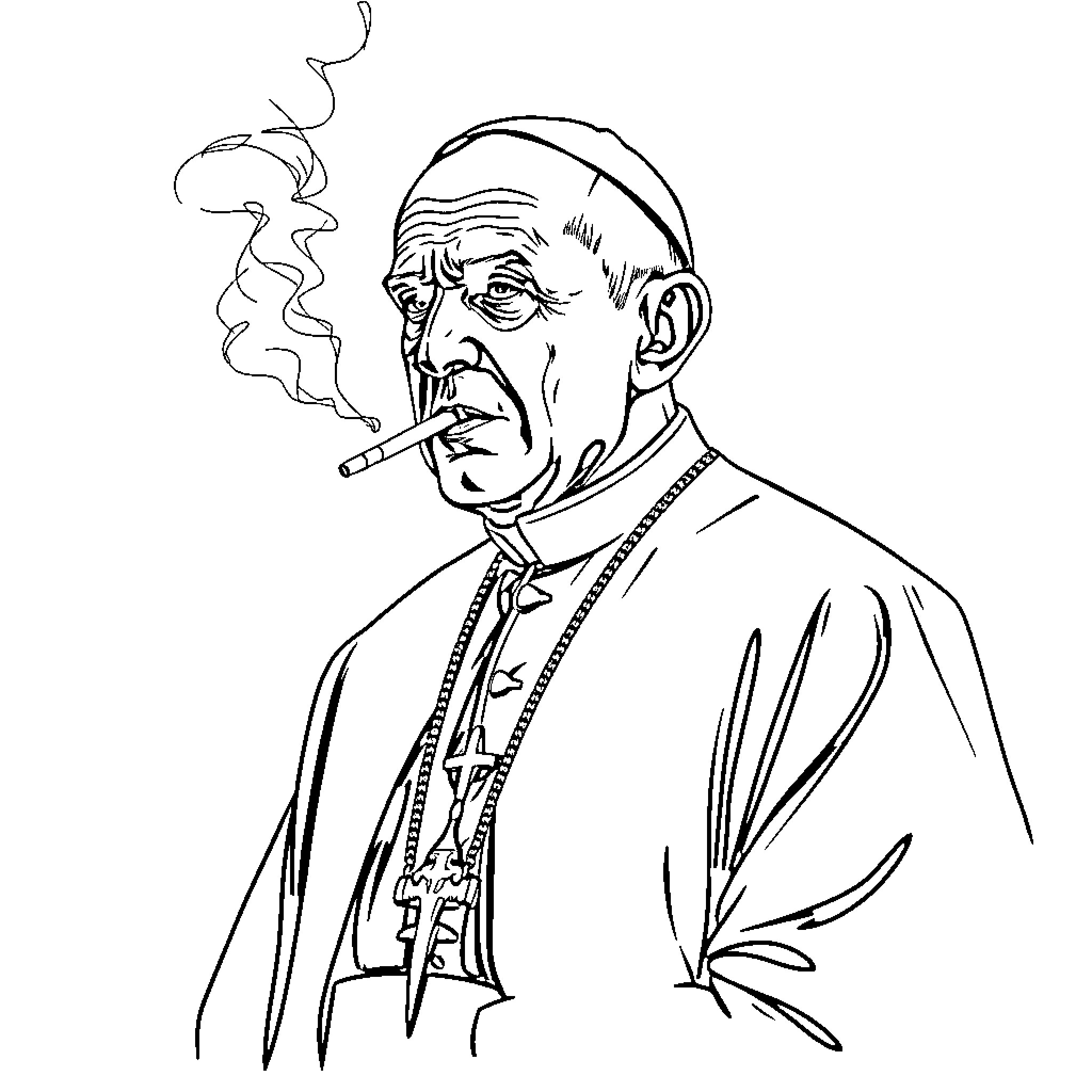 Papa Emeritus smoking a cigar in a dignified pose Coloring Page (free black-and-white line drawing printable PDF for all, from beginners to advanced learners, including children, teens, adults, and seniors)
