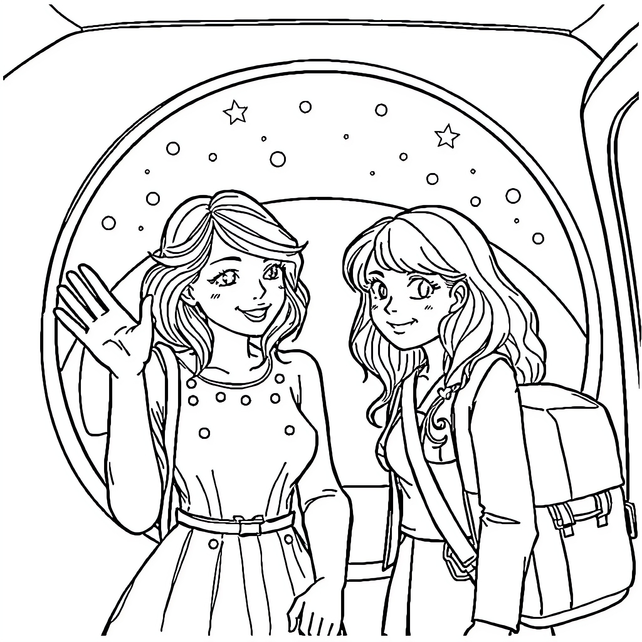 Taylor Swift and friend enjoying the starry night Coloring Page (free black-and-white line drawing printable PDF for all, from beginners to advanced learners, including children, teens, adults, and seniors)