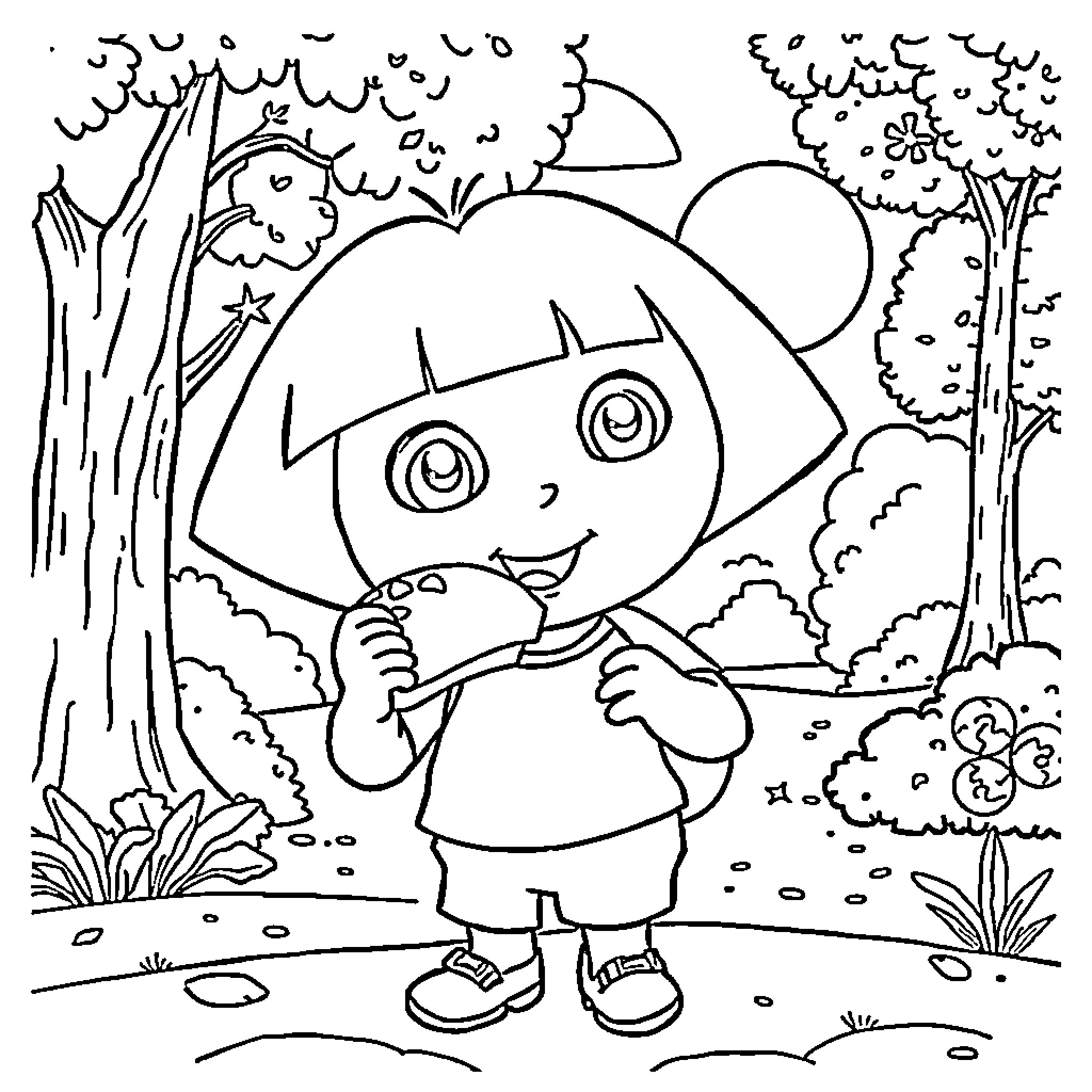 Dora exploring the enchanted forest Coloring Page (free black-and-white line drawing printable PDF for all, from beginners to advanced learners, including children, teens, adults, and seniors)