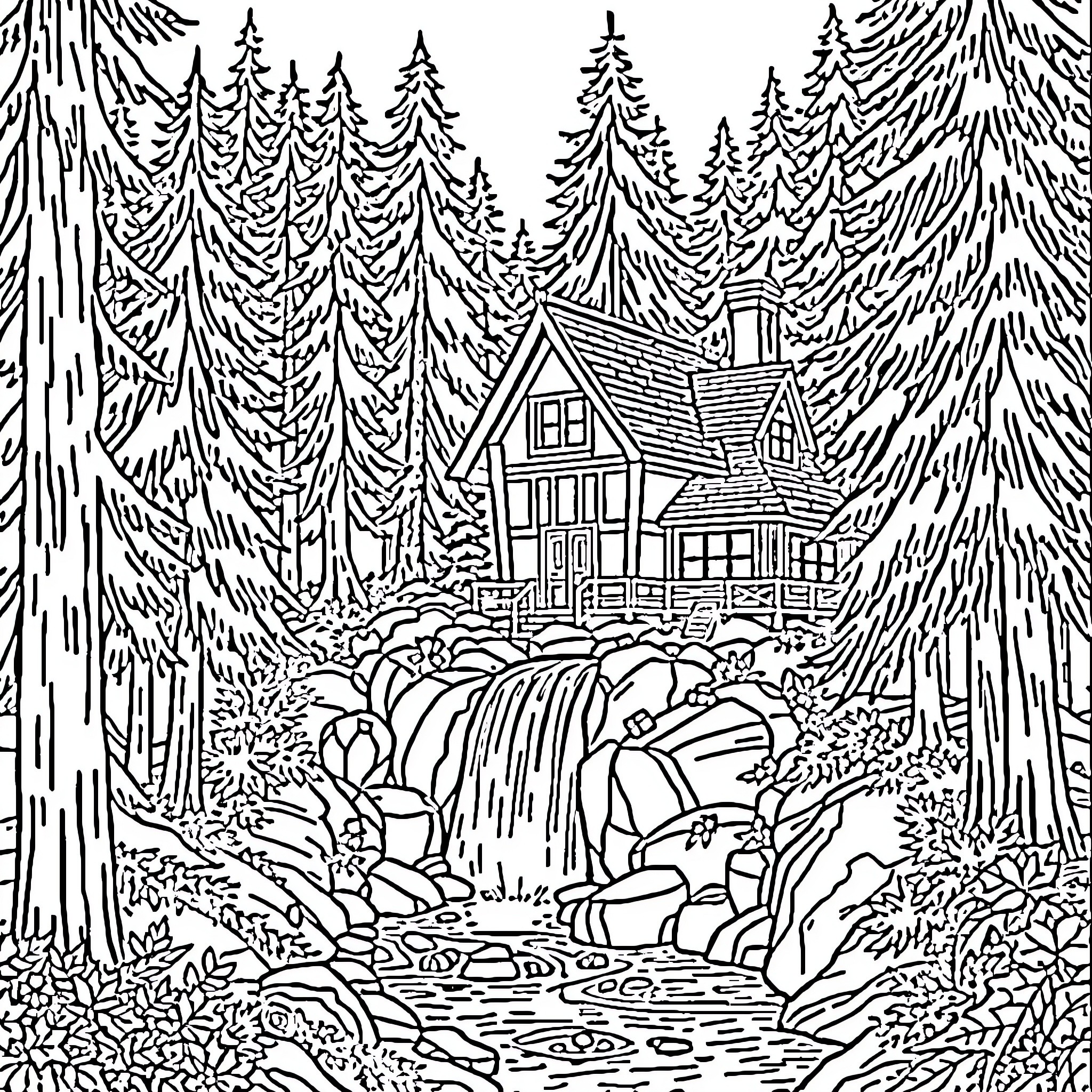 House in a Serene Forest Landscape Coloring Page (free black-and-white line drawing printable PDF for all, from beginners to advanced learners, including children, teens, adults, and seniors)