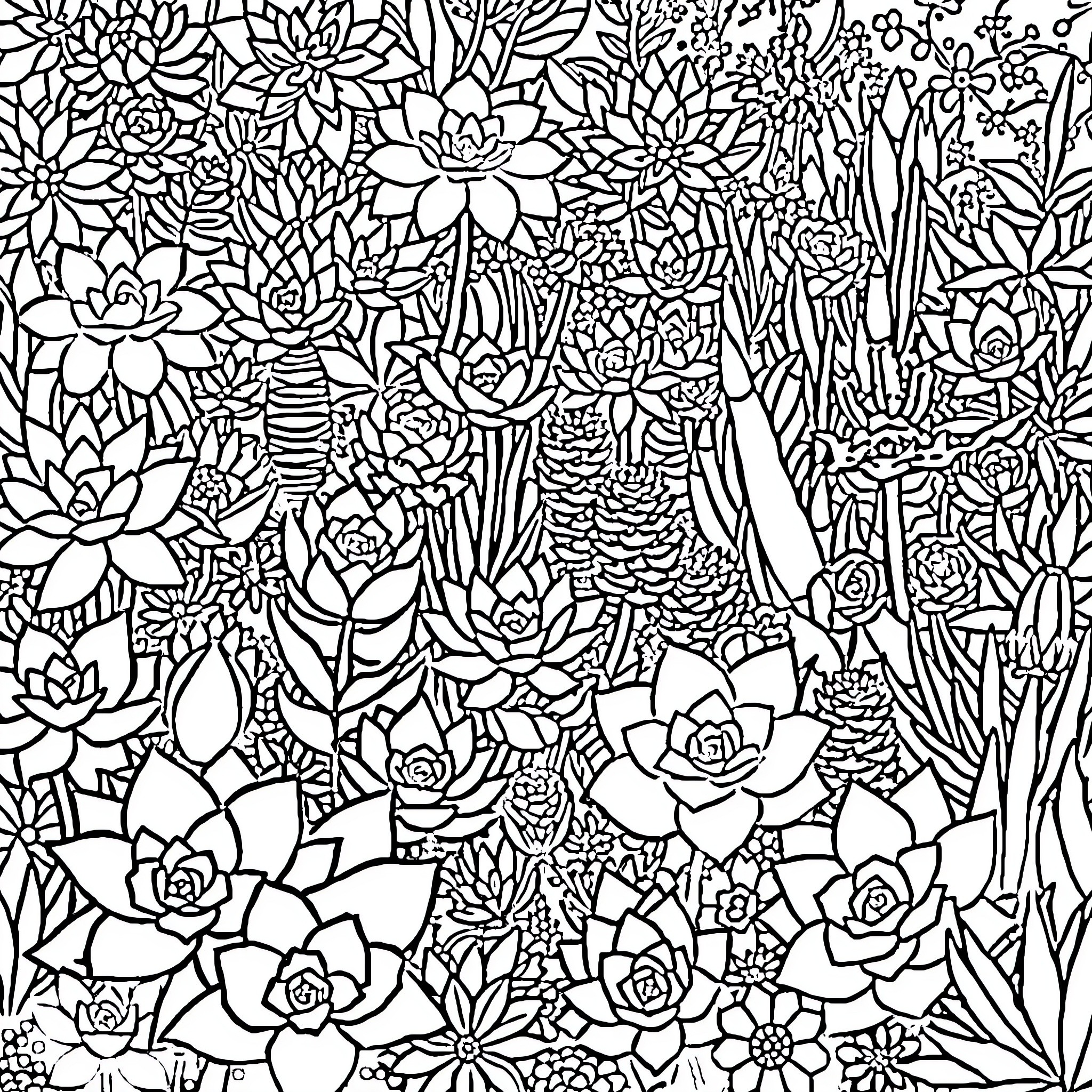 Succulent Plants in Abundance Coloring Page (free black-and-white line drawing printable PDF for all, from beginners to advanced learners, including children, teens, adults, and seniors)