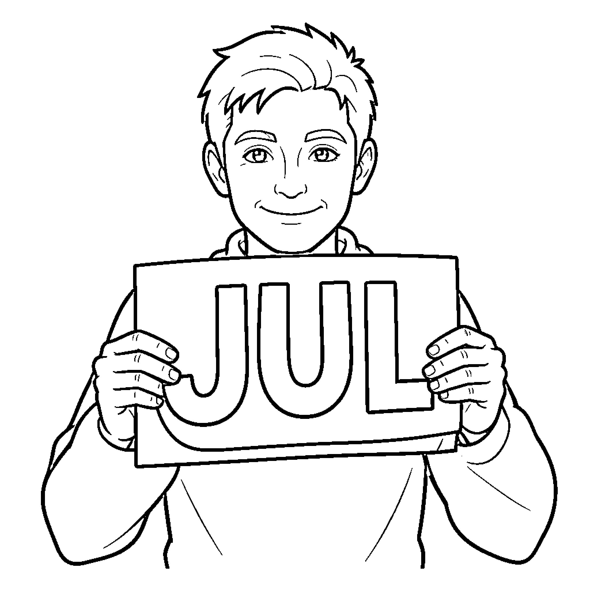 Jul boy holding a sign with month text Coloring Page (free black-and-white line drawing printable PDF for all, from beginners to advanced learners, including children, teens, adults, and seniors)