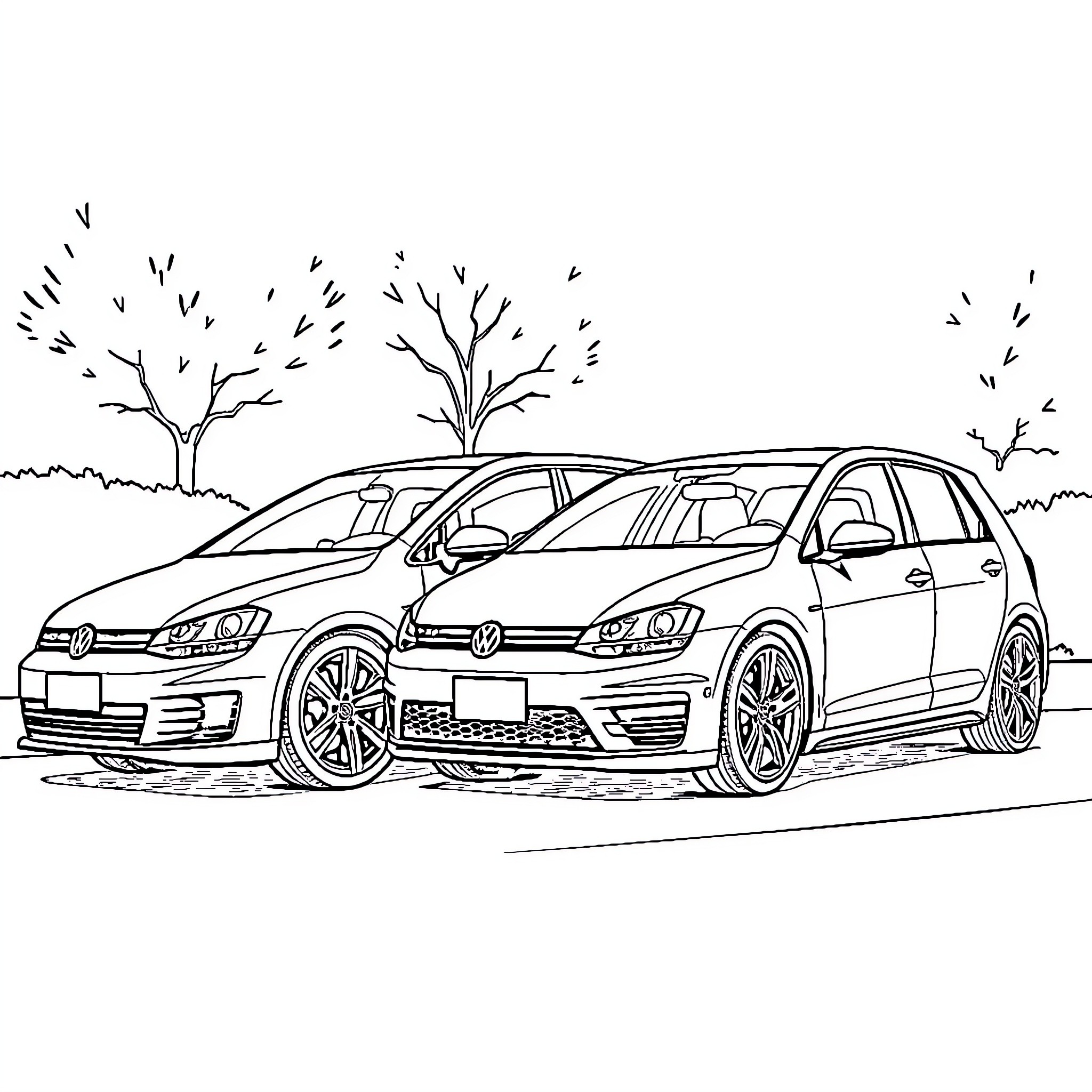 Golf cars parked on a scenic road Coloring Page (free black-and-white line drawing printable PDF for all, from beginners to advanced learners, including children, teens, adults, and seniors)
