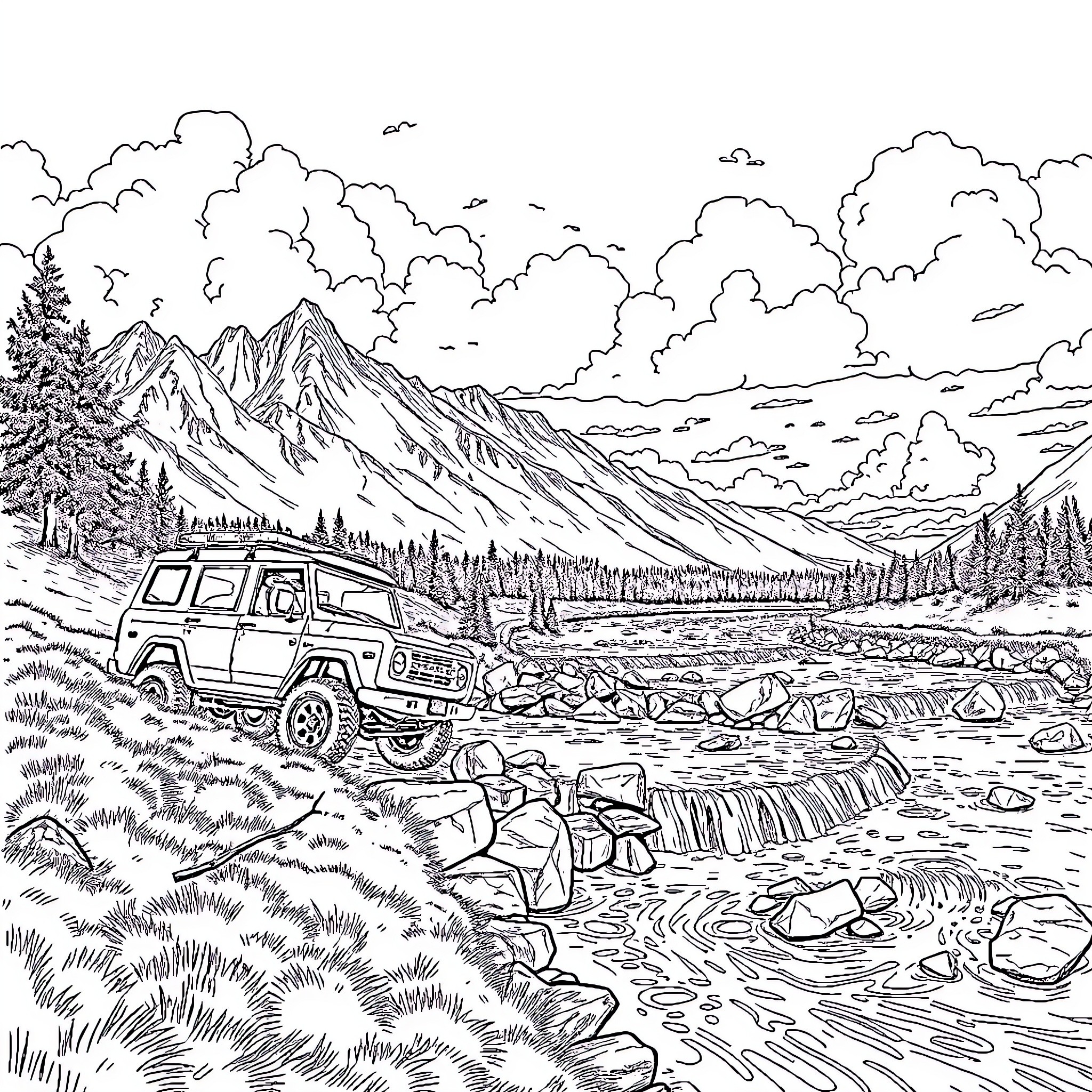 Ford Bronco traversing a rugged mountain landscape Coloring Page (free black-and-white line drawing printable PDF for all, from beginners to advanced learners, including children, teens, adults, and seniors)