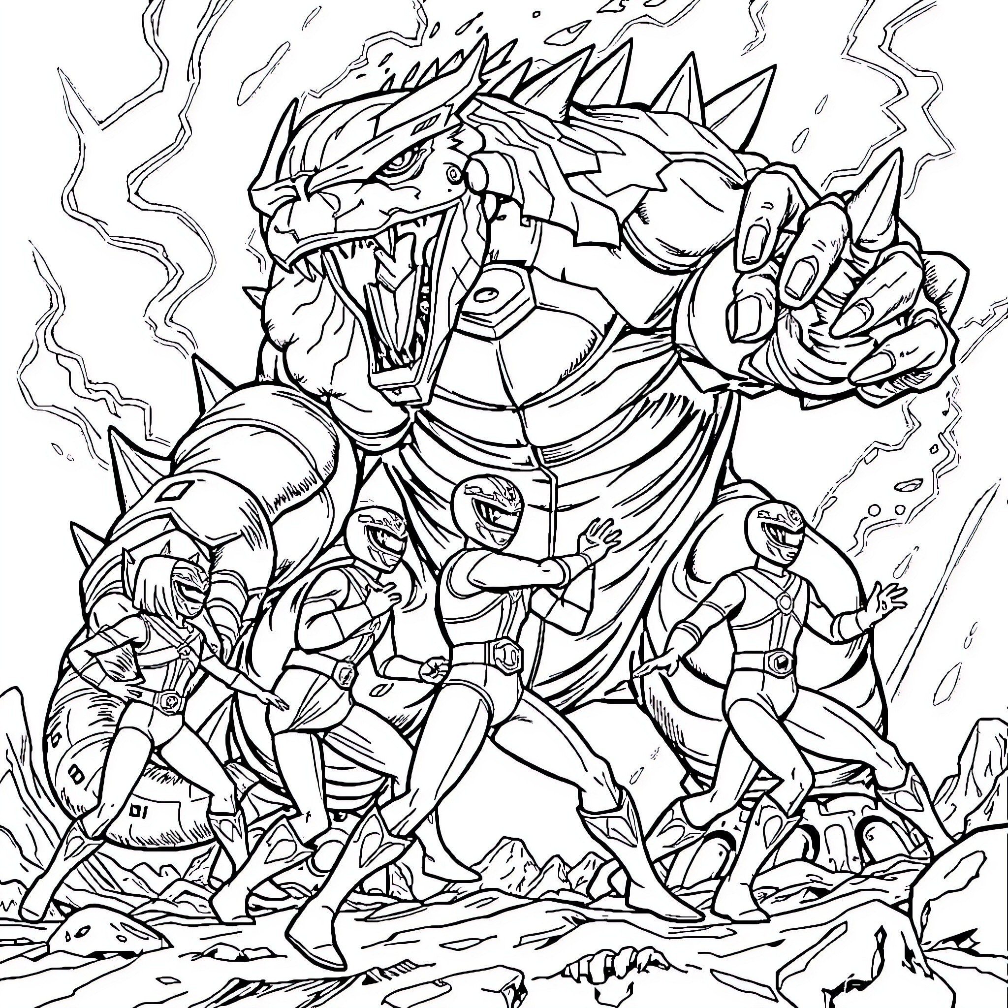 Power Rangers Battling Mighty Monstrous Villain Coloring Page (free black-and-white line drawing printable PDF for all, from beginners to advanced learners, including children, teens, adults, and seniors)