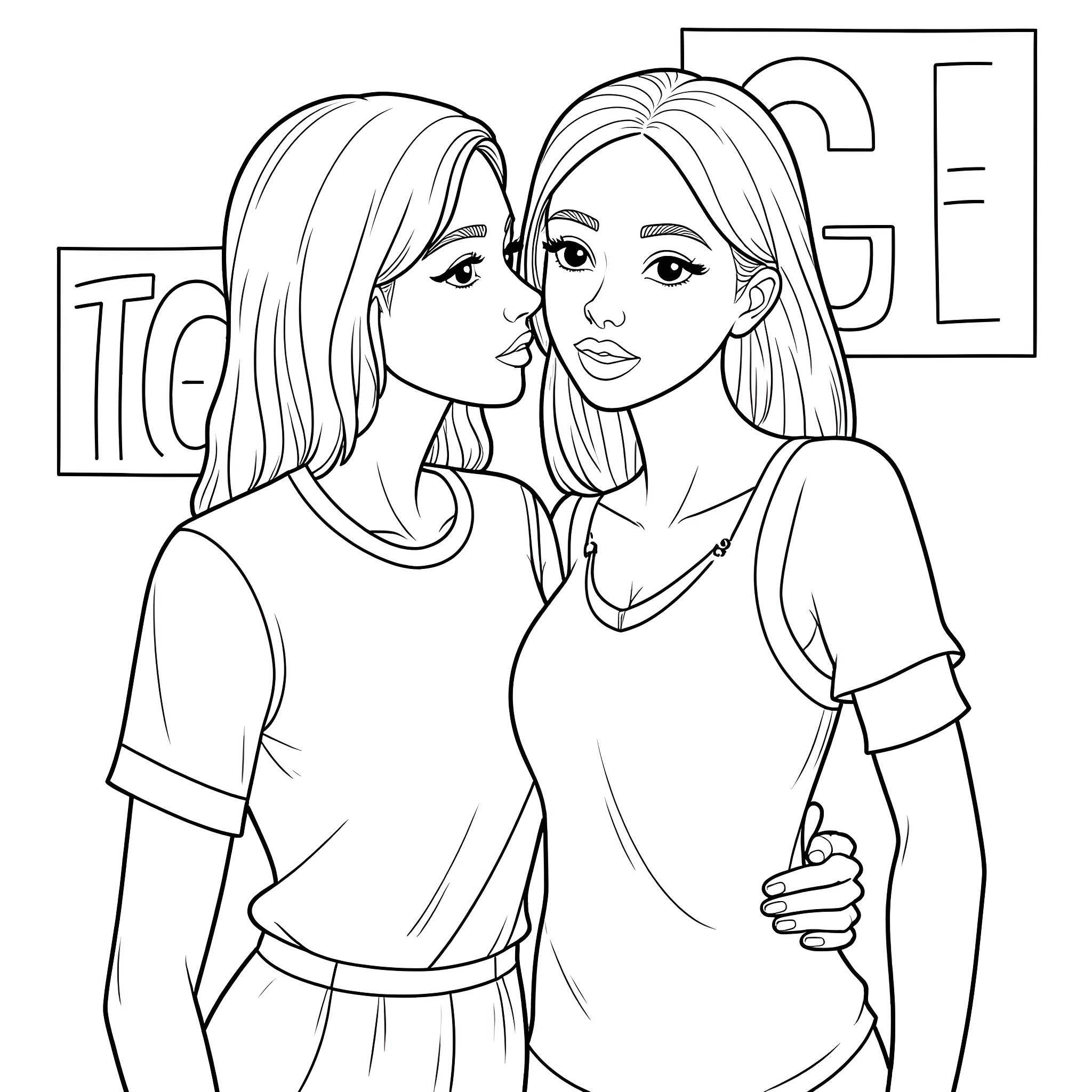 Women posing together in casual outfits Coloring Page (free black-and-white line drawing printable PDF for all, from beginners to advanced learners, including children, teens, adults, and seniors)