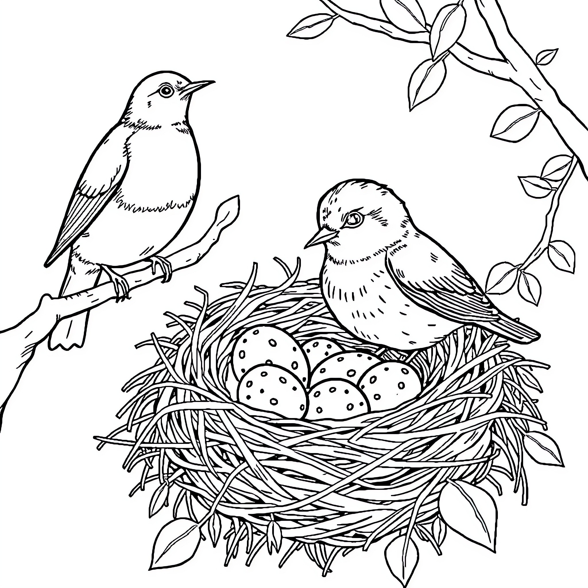 Robin birds nesting with eggs in the branches Coloring Page (free black-and-white line drawing printable PDF for all, from beginners to advanced learners, including children, teens, adults, and seniors)