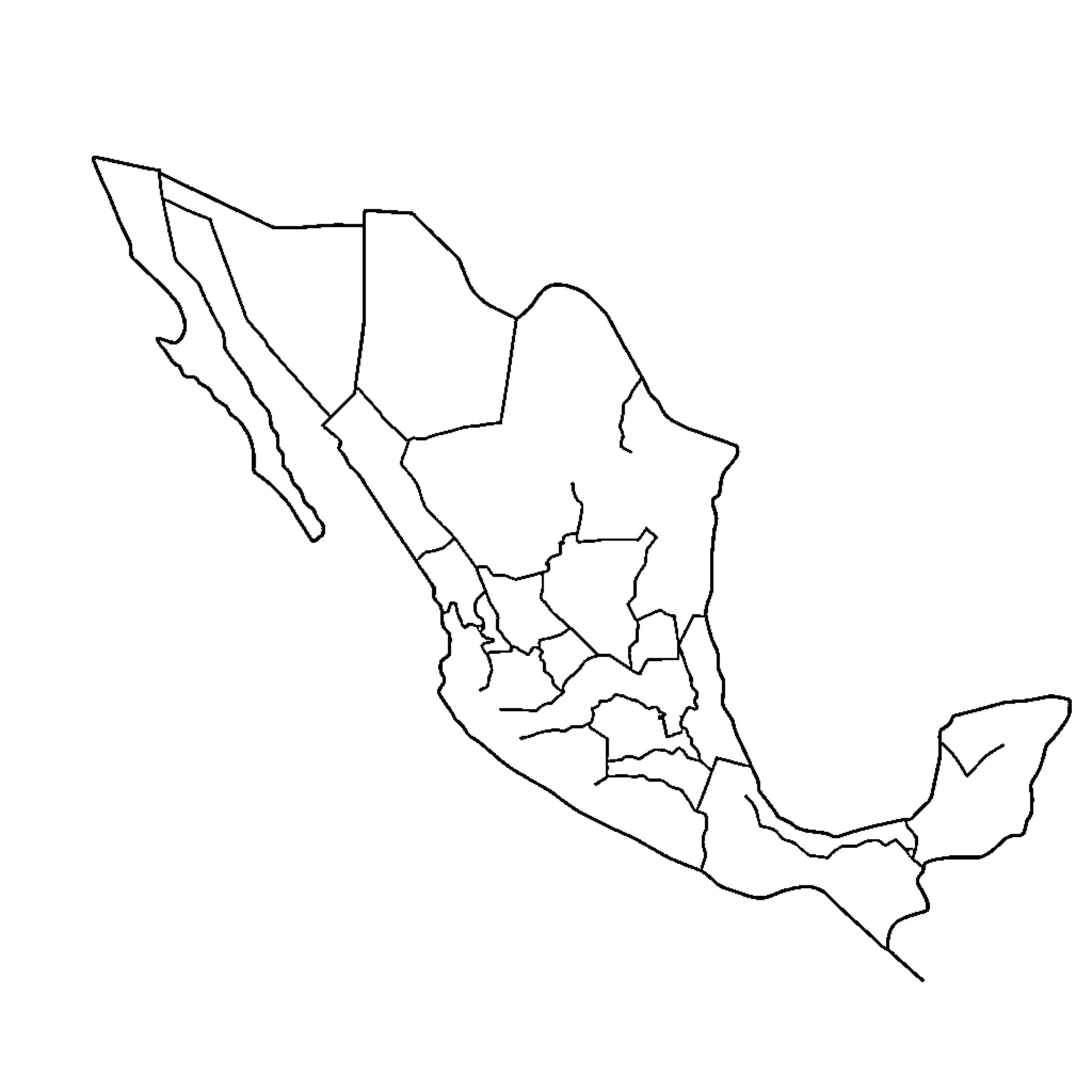 Mexico Map with Simplified Geographic Outline Coloring Page (free black-and-white line drawing printable PDF for all, from beginners to advanced learners, including children, teens, adults, and seniors)