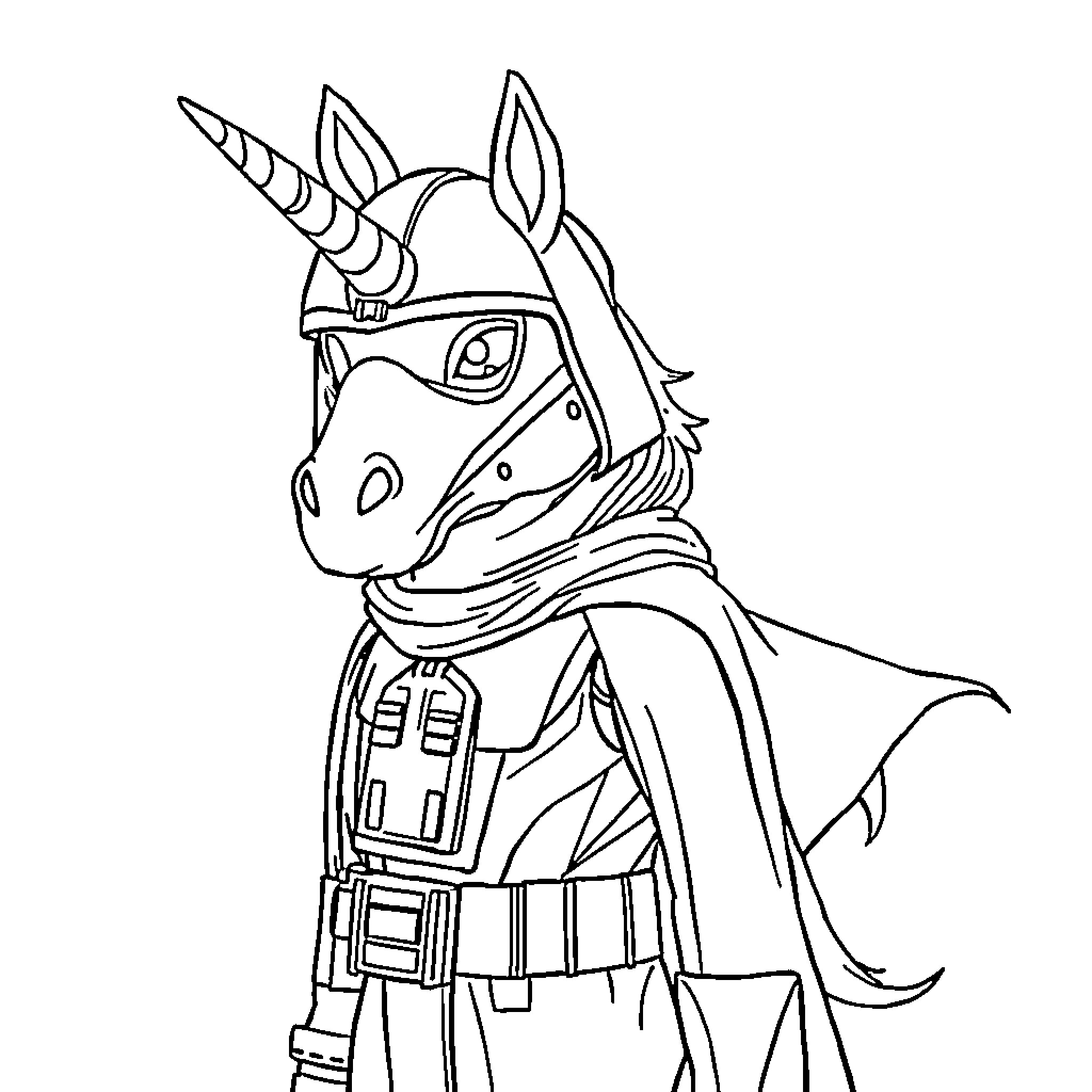 Unicorn Astronaut Exploring the Galaxy Coloring Page (free black-and-white line drawing printable PDF for all, from beginners to advanced learners, including children, teens, adults, and seniors)