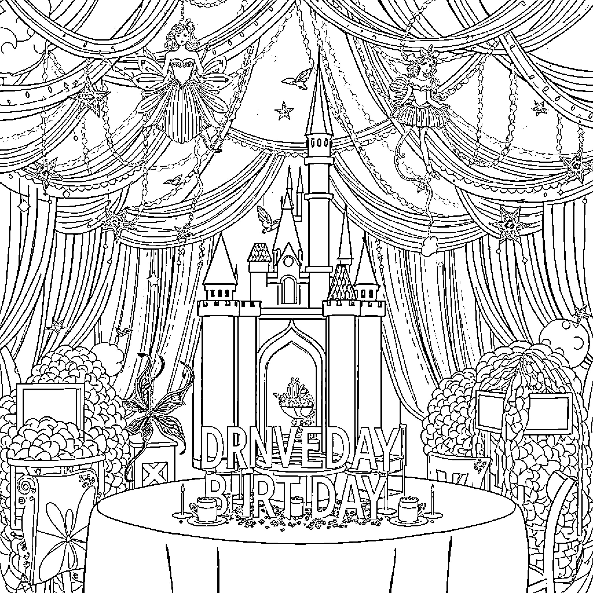 Fairy Birthday Celebration in a Magical Castle Coloring Page (free black-and-white line drawing printable PDF for all, from beginners to advanced learners, including children, teens, adults, and seniors)