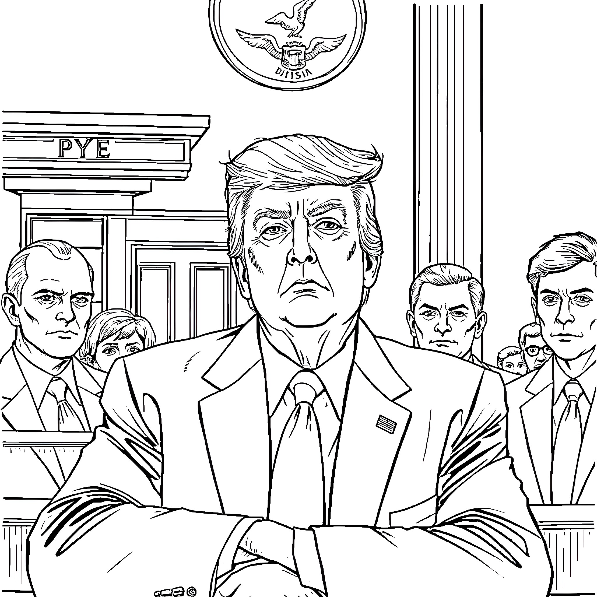 Donald Trump in a formal setting with government officials Coloring Page (free black-and-white line drawing printable PDF for all, from beginners to advanced learners, including children, teens, adults, and seniors)