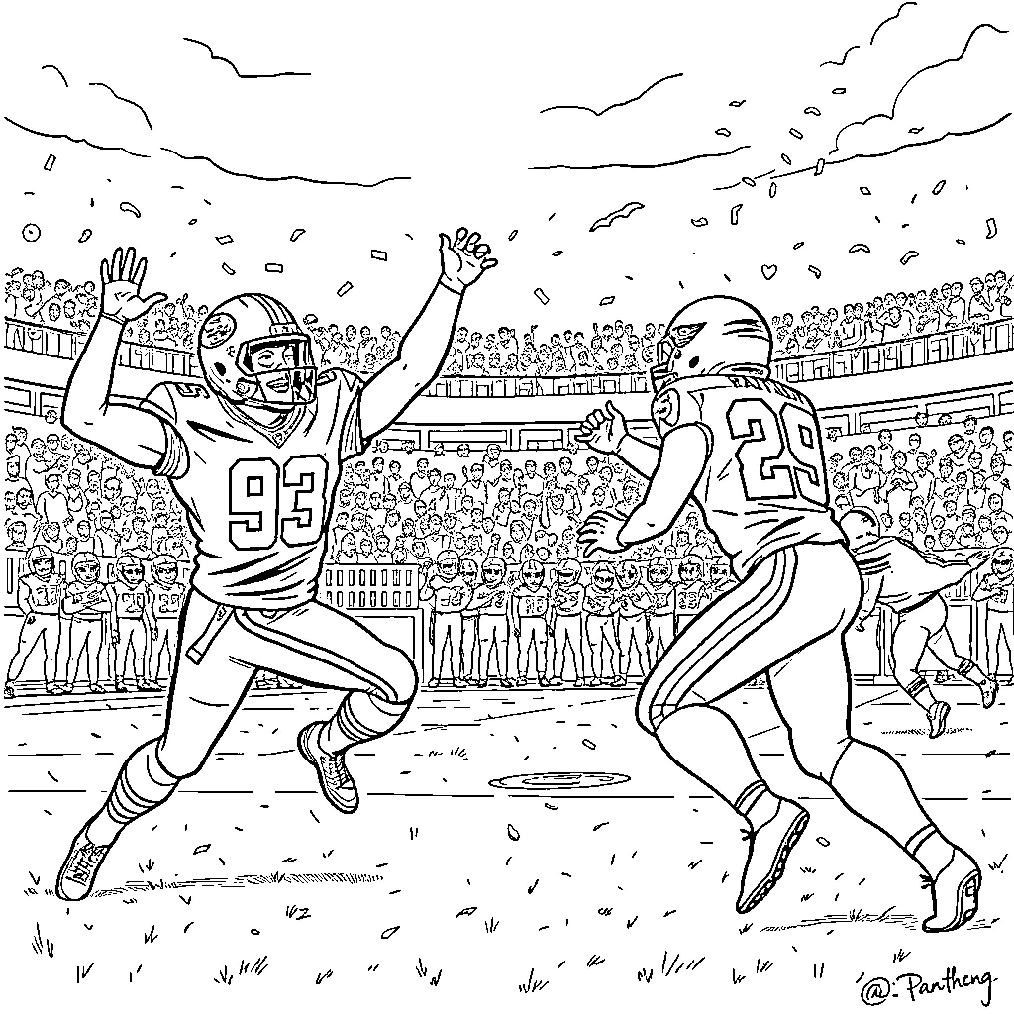 San Francisco 49ers players in action on the field Coloring Page (free black-and-white line drawing printable PDF for all, from beginners to advanced learners, including children, teens, adults, and seniors)